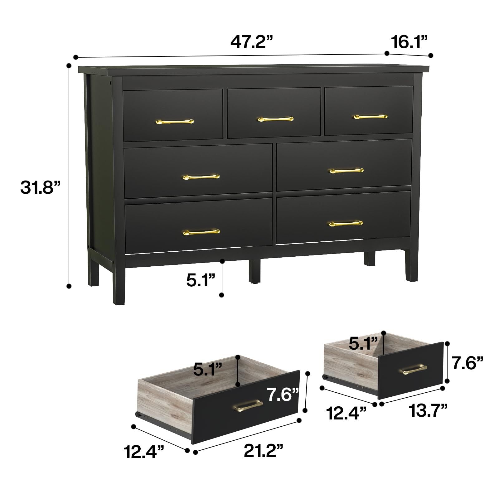 7 Drawer Dresser For Bedroom, Wood Storage Cabinet With Black Handles, Modern Closet Of Drawers for Living Room - Comfortable Living Decor