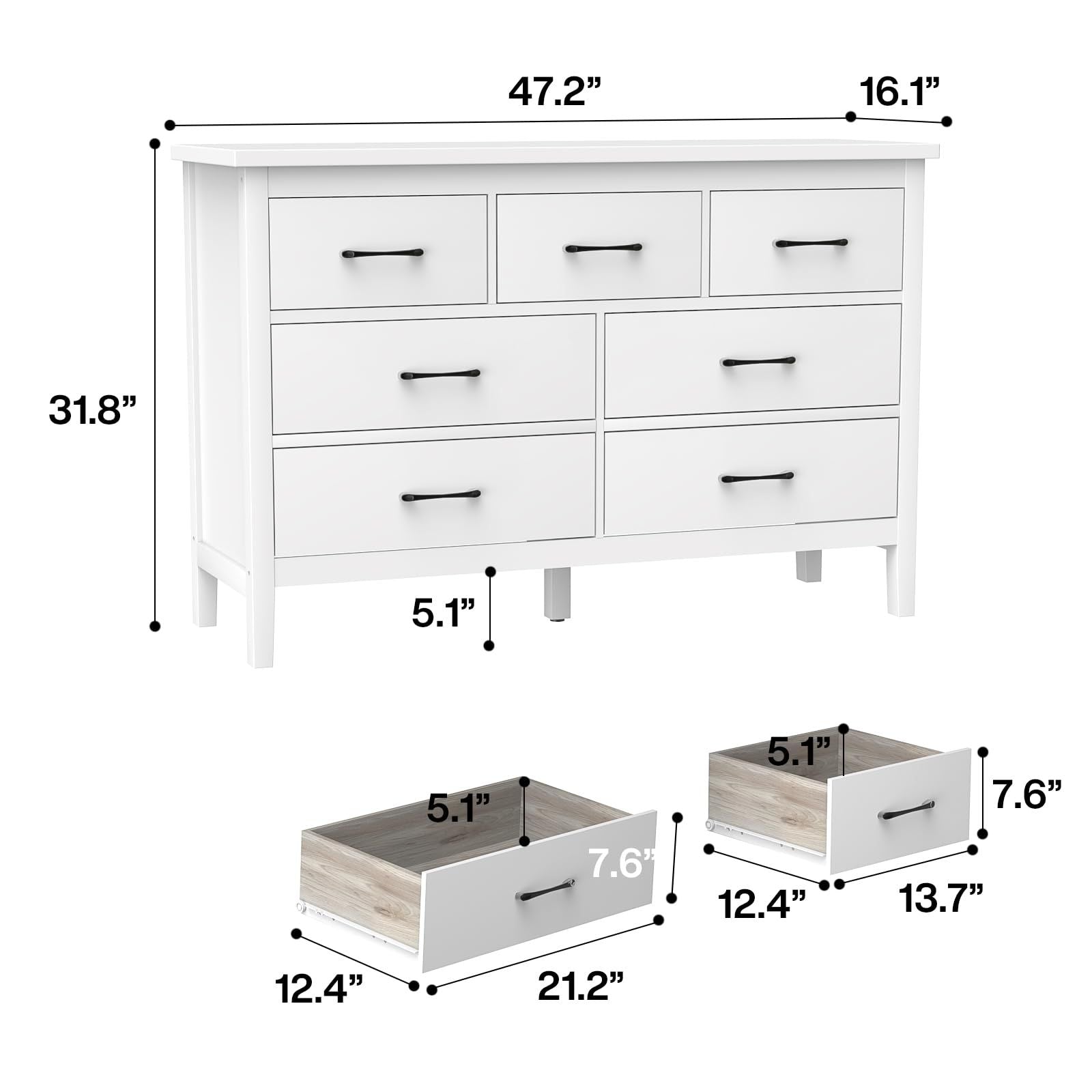 7 Drawer Dresser For Bedroom, Wood Storage Cabinet With Black Handles, Modern Closet Of Drawers for Living Room - Comfortable Living Decor