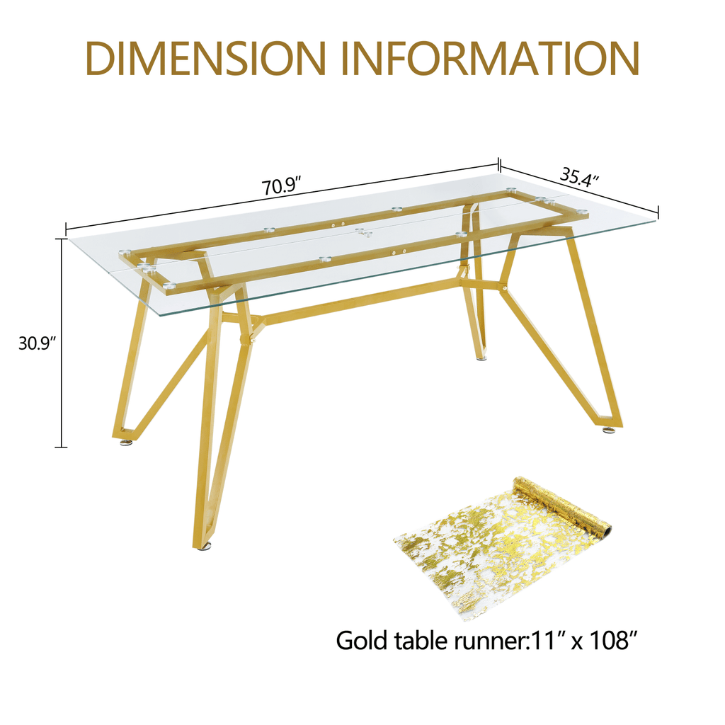 70.9 - inch rectangular glass dining table, suitable for 1 - 8 people, modern style home kitchen dining table, equipped with sturdy metal table legs,suitable for dining room,living rooms, offices, Gold - Comfortable Living Decor