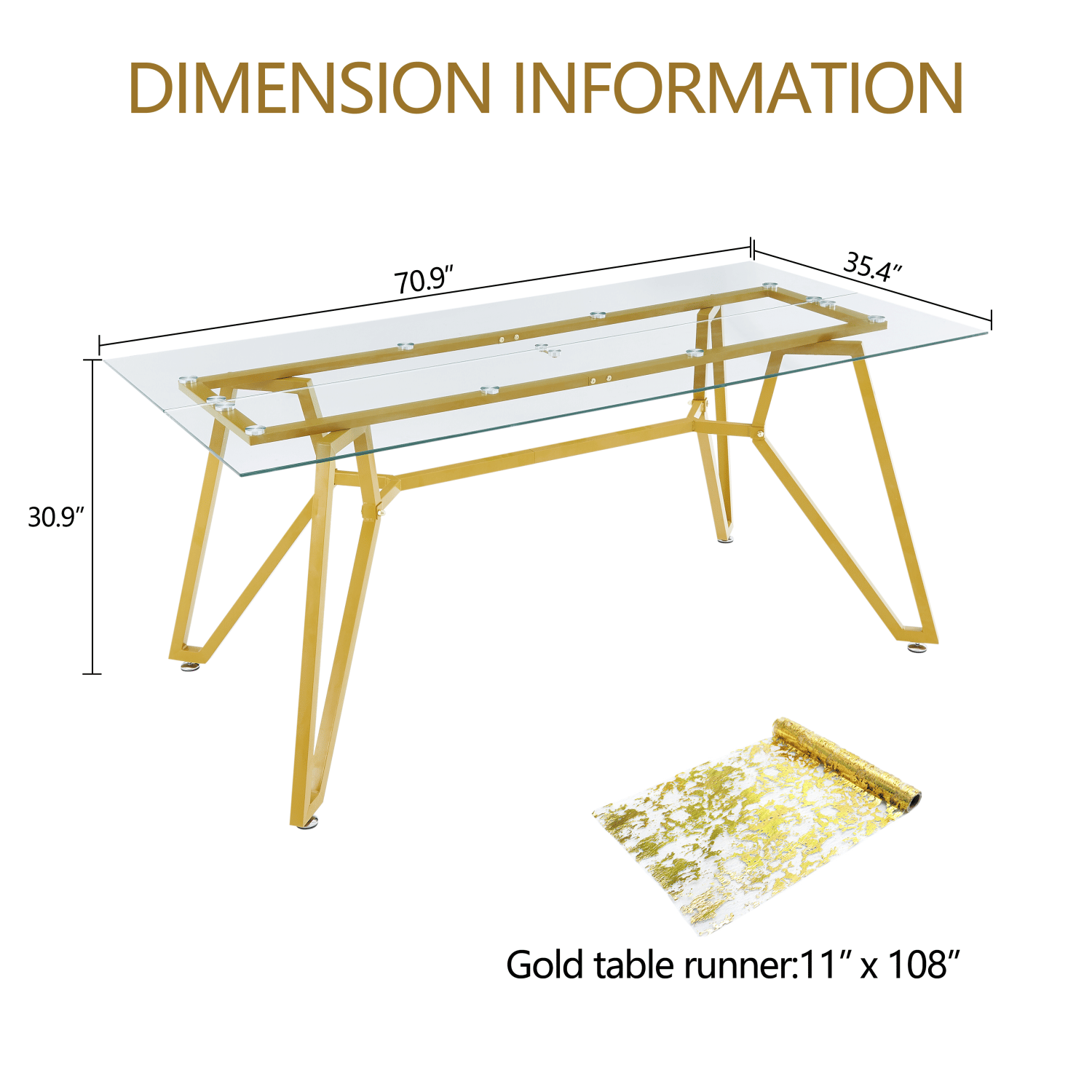 70.9 - inch rectangular glass dining table, suitable for 1 - 8 people, modern style home kitchen dining table, equipped with sturdy metal table legs,suitable for dining room,living rooms, offices, Gold - Comfortable Living Decor