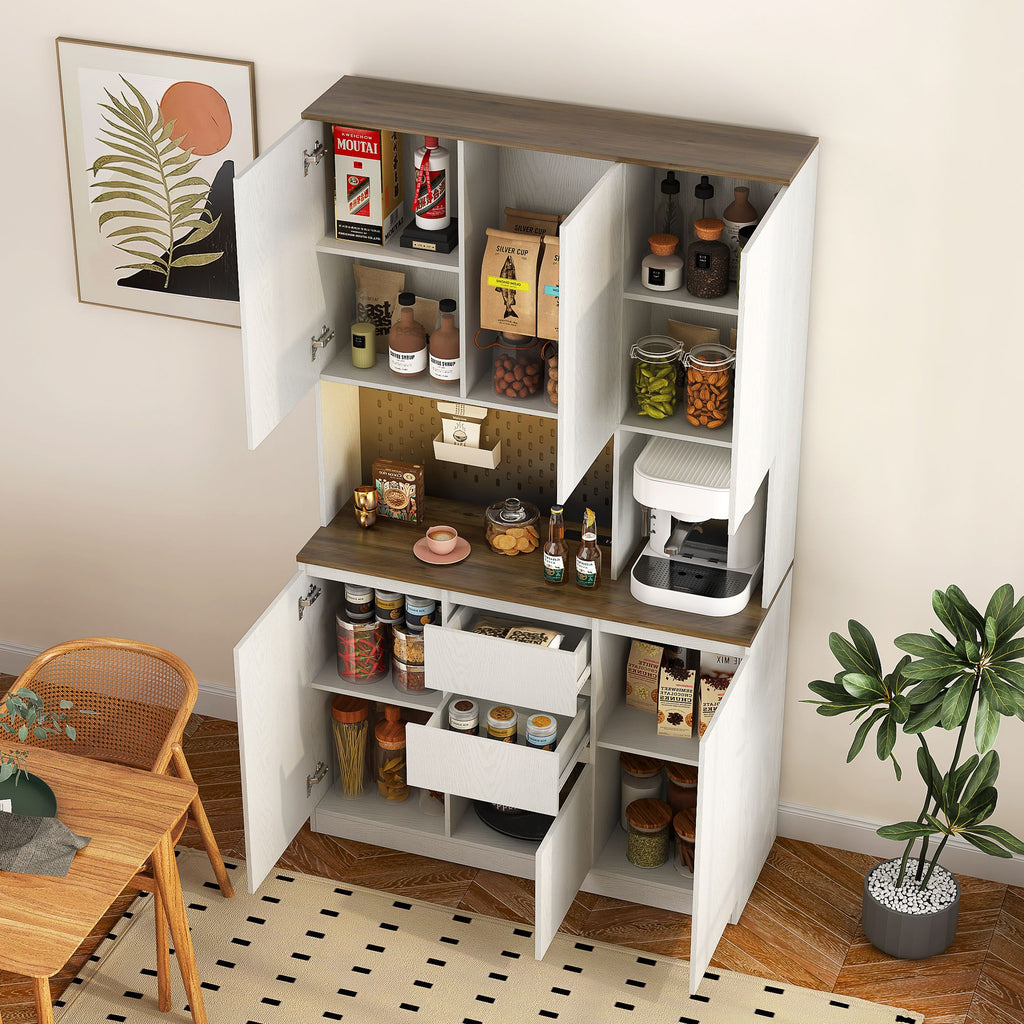74" Kitchen Pantry Cabinet with Charging Station,Freestanding Buffet Cupboards Sideboard with Drawer,with LED Lights,Modern Pantry Cabinet with Microwave Stand for Kitchen,Living Room,Dinning Room - Comfortable Living Decor