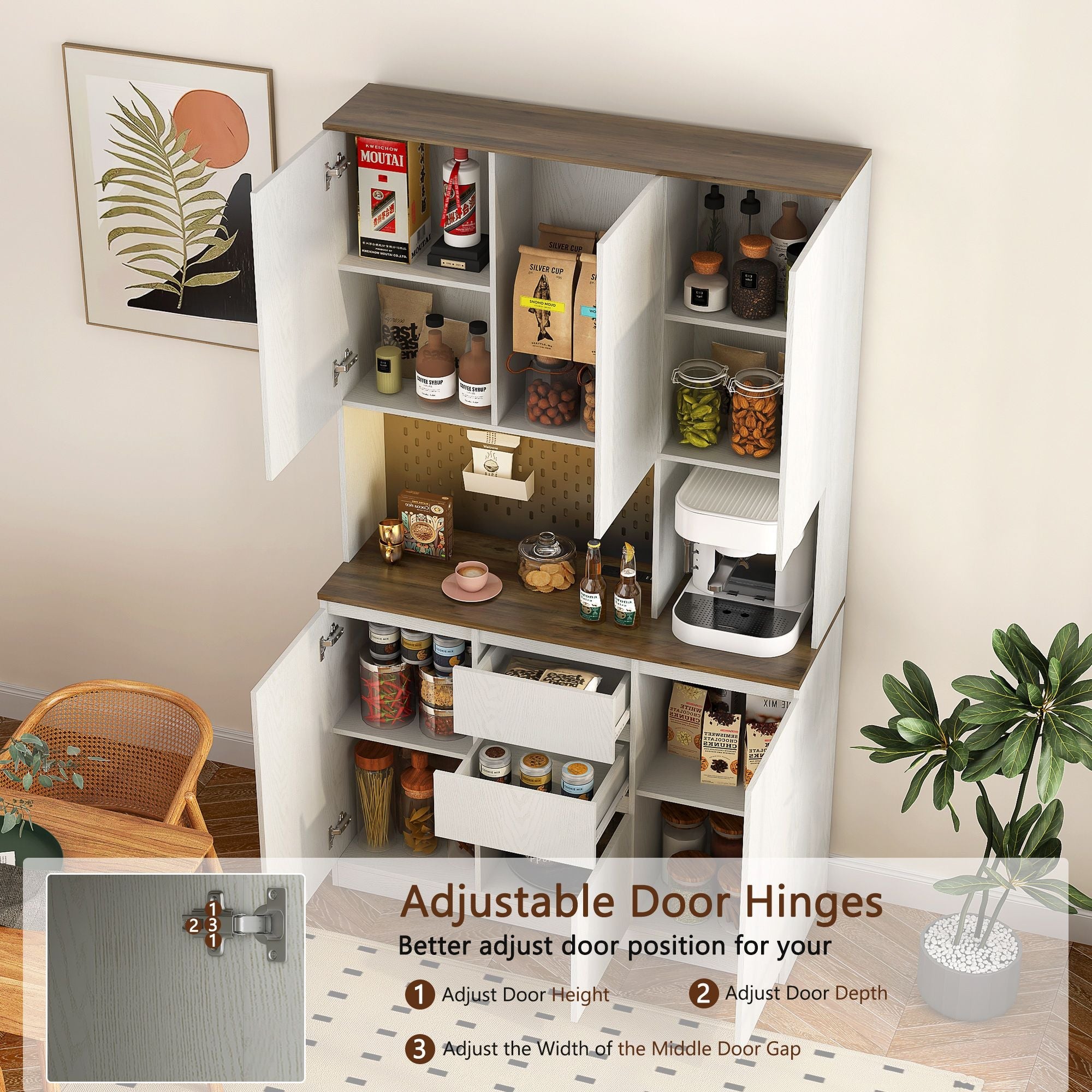 74" Kitchen Pantry Cabinet with Charging Station,Freestanding Buffet Cupboards Sideboard with Drawer,with LED Lights,Modern Pantry Cabinet with Microwave Stand for Kitchen,Living Room,Dinning Room - Comfortable Living Decor