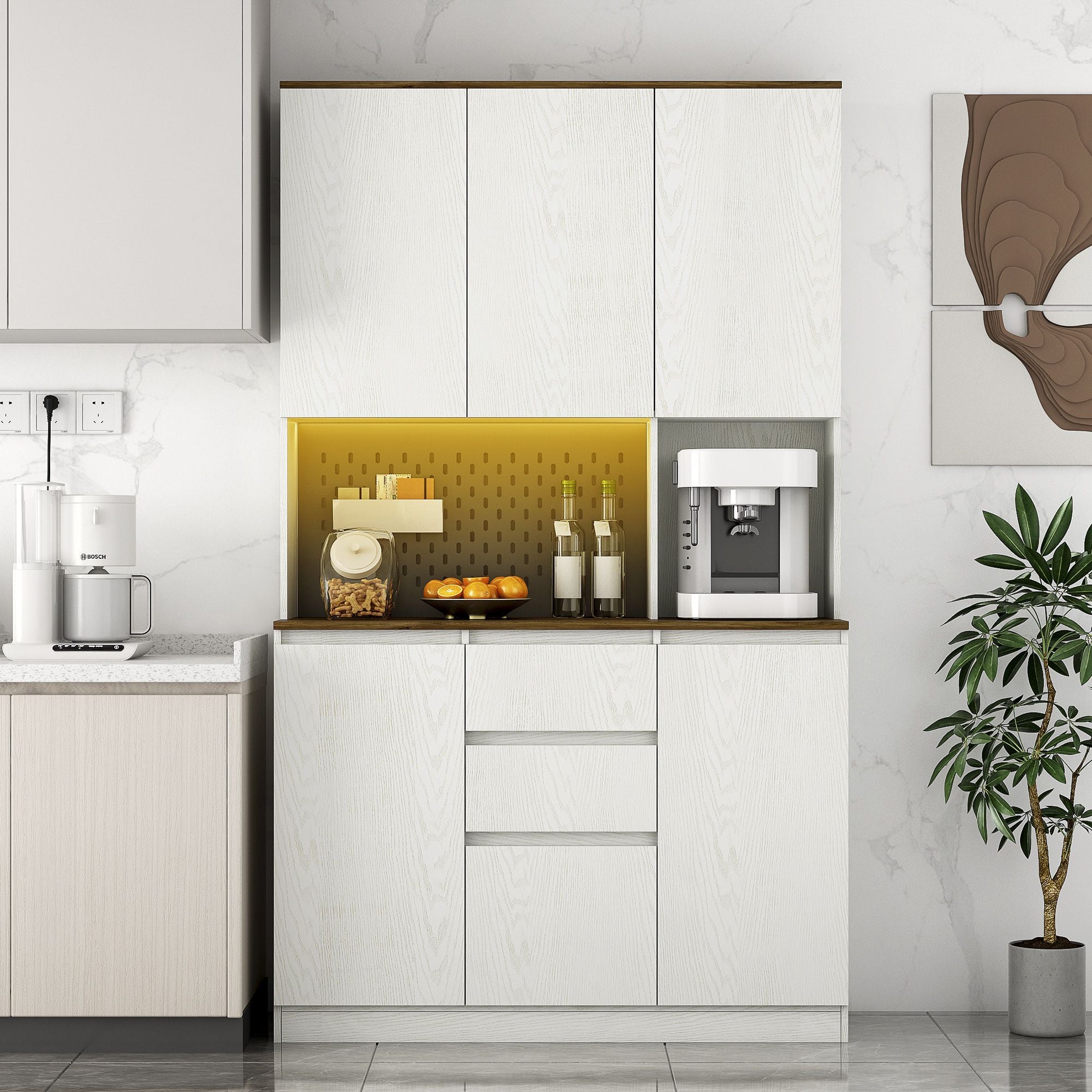 74" Kitchen Pantry Cabinet with Charging Station,Freestanding Buffet Cupboards Sideboard with Drawer,with LED Lights,Modern Pantry Cabinet with Microwave Stand for Kitchen,Living Room,Dinning Room - Comfortable Living Decor