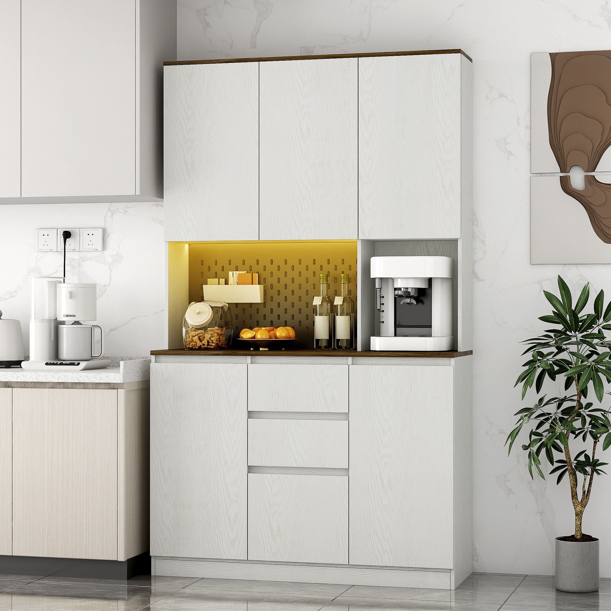 74" Kitchen Pantry Cabinet with Charging Station,Freestanding Buffet Cupboards Sideboard with Drawer,with LED Lights,Modern Pantry Cabinet with Microwave Stand for Kitchen,Living Room,Dinning Room - Comfortable Living Decor