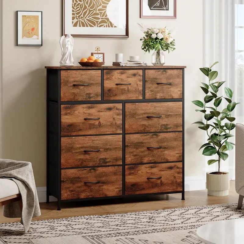 9 Drawer Dresser with Metal Frame and Wooden Top Fabric Storage Organizer Tower for Bedroom Living Room Entryway Office Closet Classic Freestanding Wardrobe Cabinet - Comfortable Living Decor