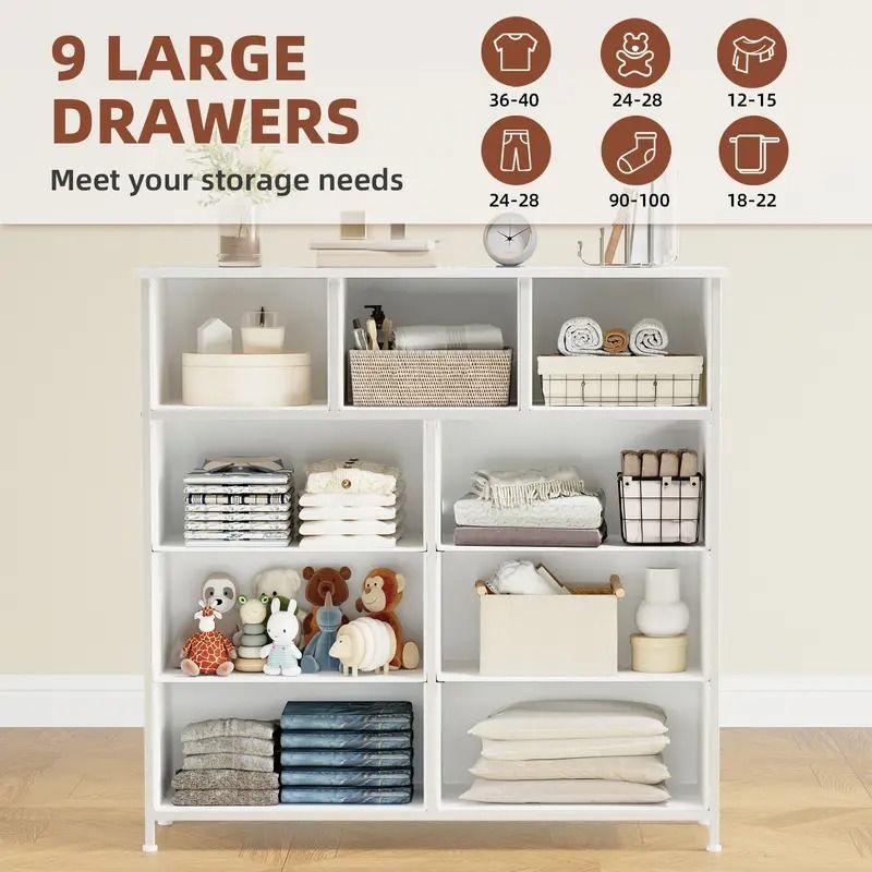 9 Drawer Dresser with Metal Frame and Wooden Top Fabric Storage Organizer Tower for Bedroom Living Room Entryway Office Closet Classic Freestanding Wardrobe Cabinet - Comfortable Living Decor