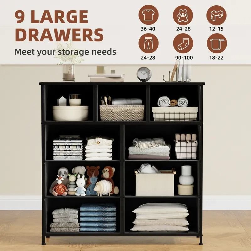 9 Drawer Dresser with Metal Frame and Wooden Top Fabric Storage Organizer Tower for Bedroom Living Room Entryway Office Closet Classic Freestanding Wardrobe Cabinet - Comfortable Living Decor