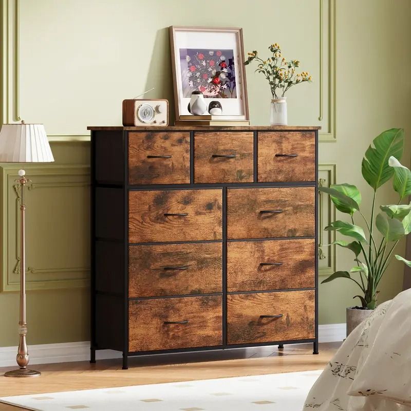 9 Drawer Dresser with Metal Frame and Wooden Top Fabric Storage Organizer Tower for Bedroom Living Room Entryway Office Closet Classic Freestanding Wardrobe Cabinet - Comfortable Living Decor
