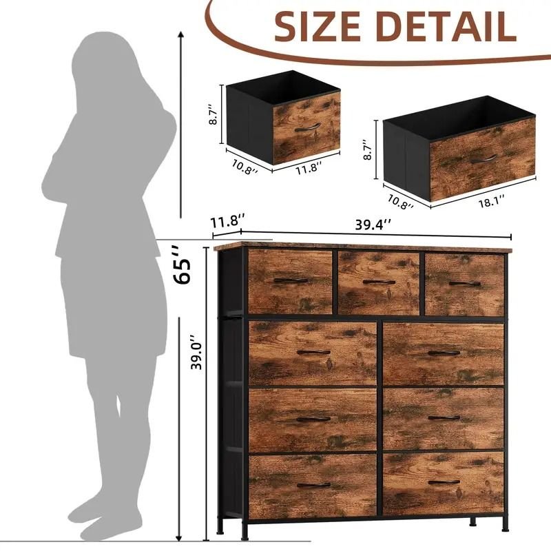 9 Drawer Dresser with Metal Frame and Wooden Top Fabric Storage Organizer Tower for Bedroom Living Room Entryway Office Closet Classic Freestanding Wardrobe Cabinet - Comfortable Living Decor