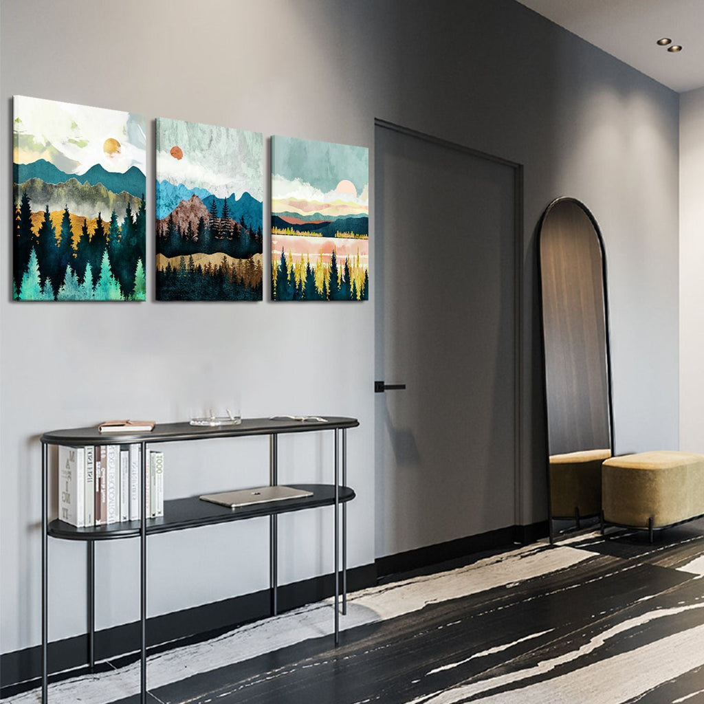 Abstract Wall Art Forest Mountain Watercolor Wall Paintings Landscape Modern Canvas Prints Bathroom Bedroom Office Wall Decor 3 Piece - Comfortable Living Decor