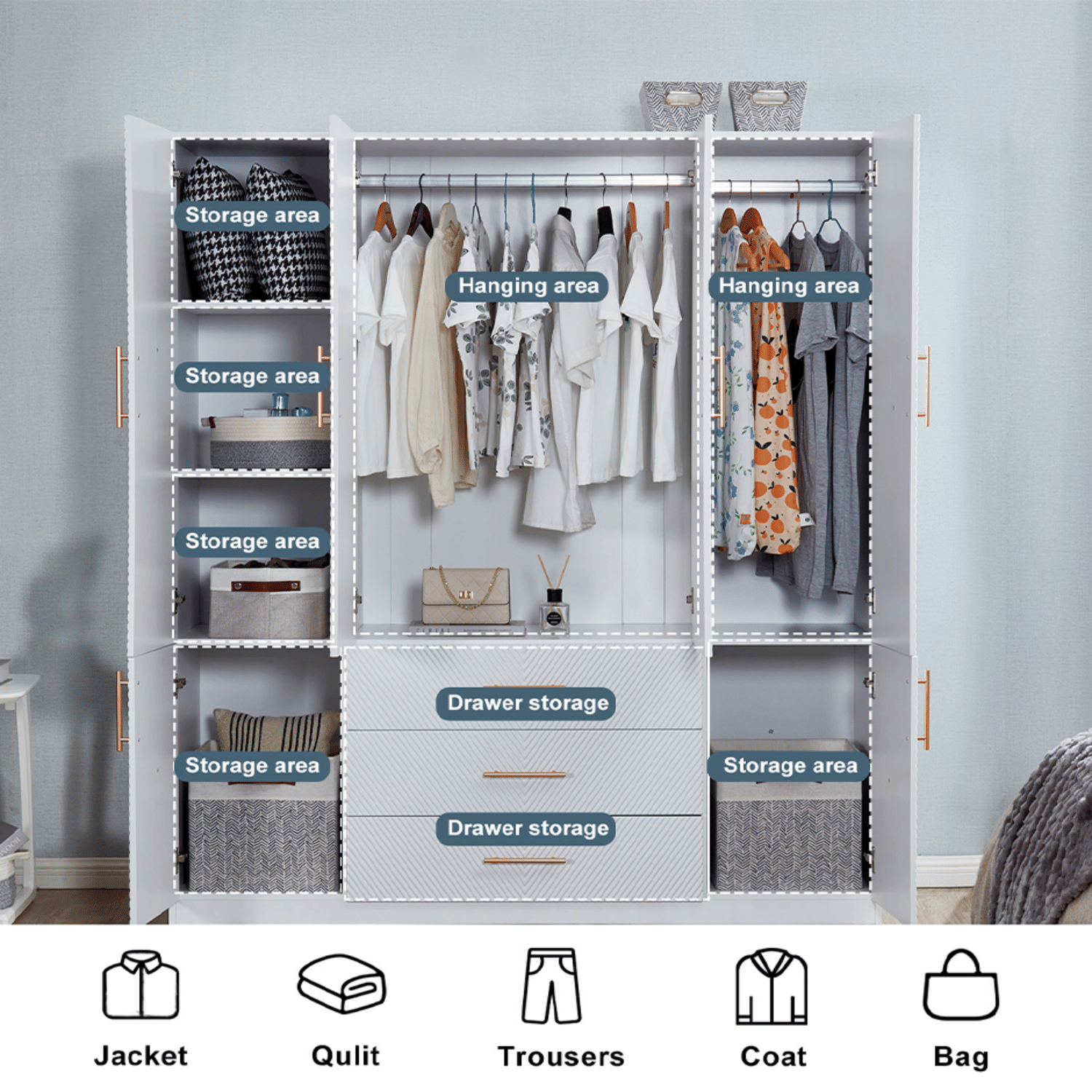 Armoire Wardrobe Closet, with 4 Drawers for High Storage Capacity - Comfortable Living Decor