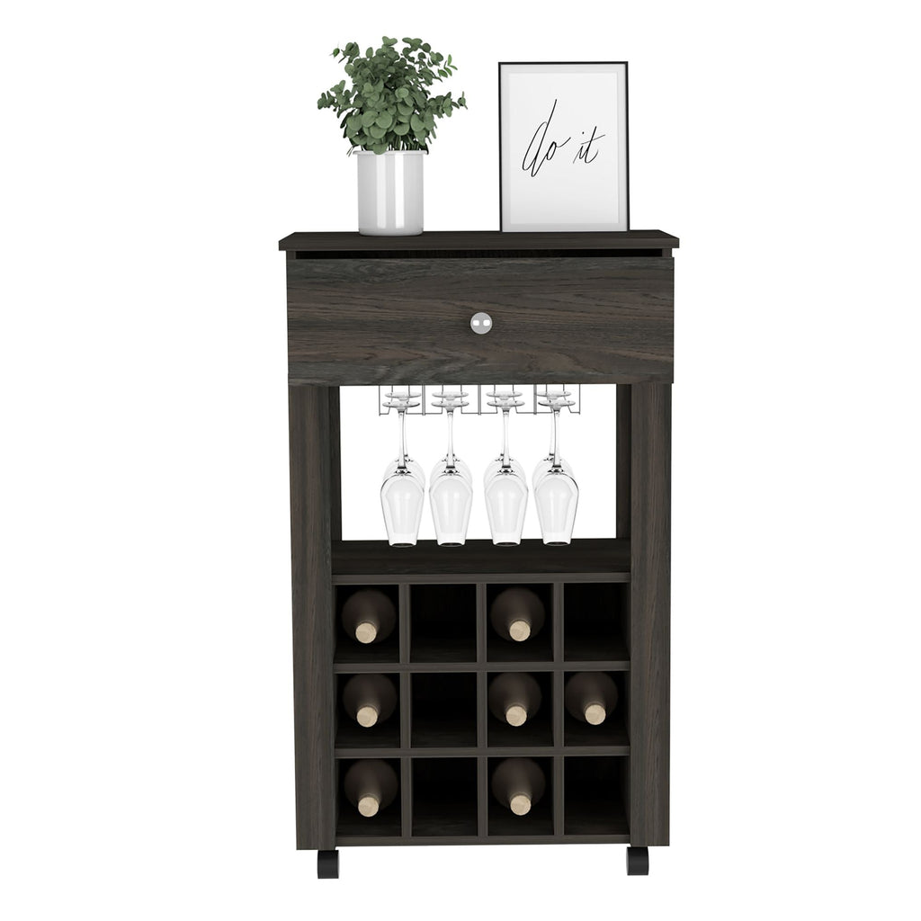 Bar Cart Bayamon, Twelve Wine Cubbies, Four Legs, Carbon Espresso Finish - Comfortable Living Decor