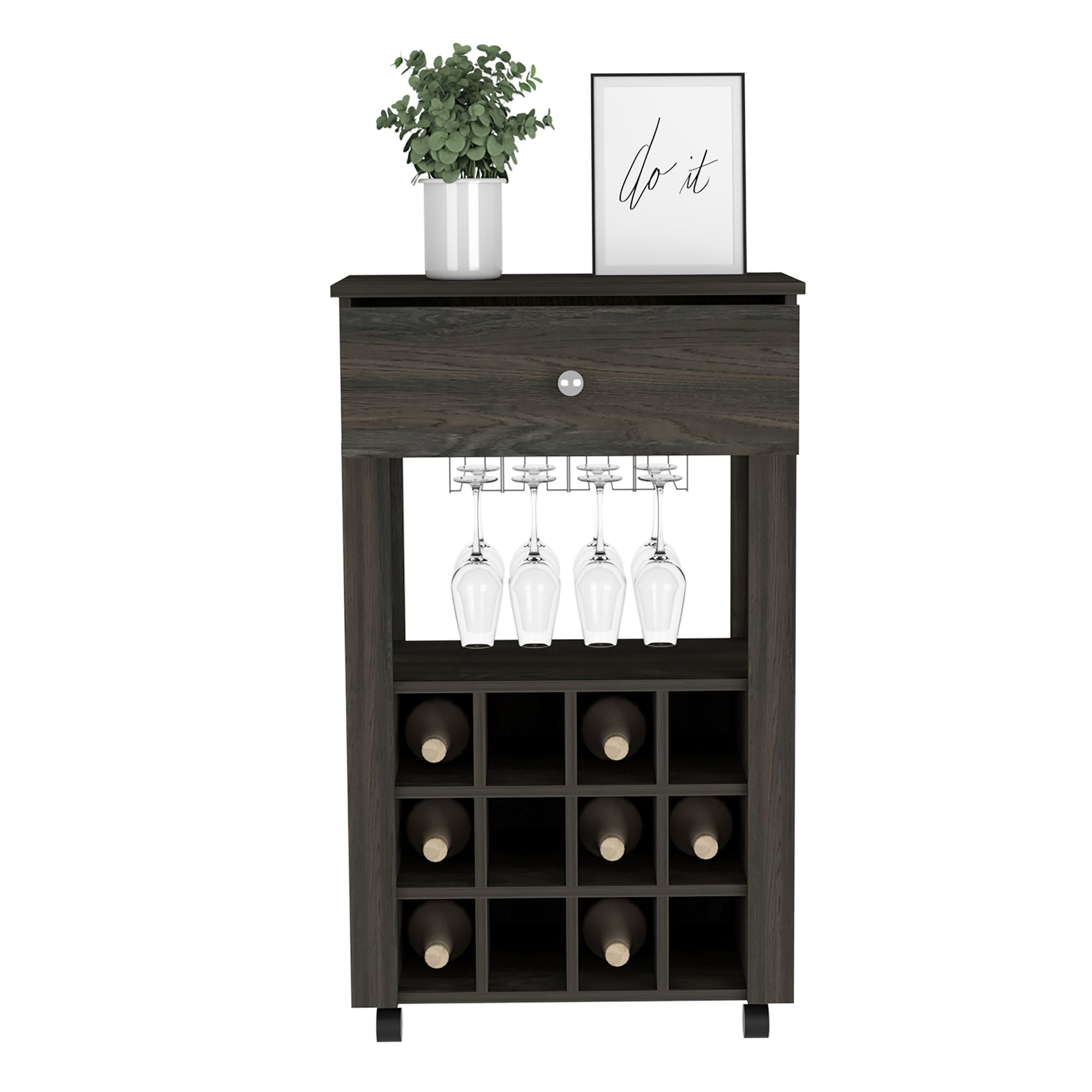 Bar Cart Bayamon, Twelve Wine Cubbies, Four Legs, Carbon Espresso Finish - Comfortable Living Decor