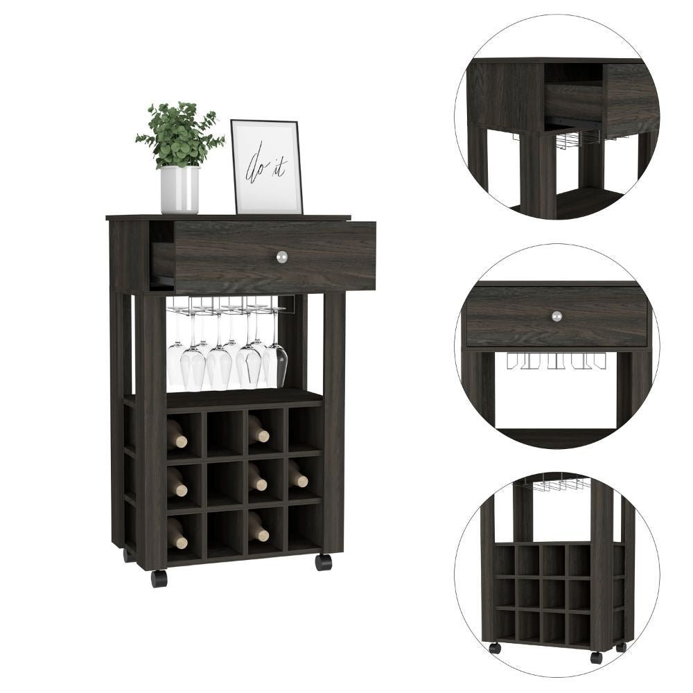 Bar Cart Bayamon, Twelve Wine Cubbies, Four Legs, Carbon Espresso Finish - Comfortable Living Decor