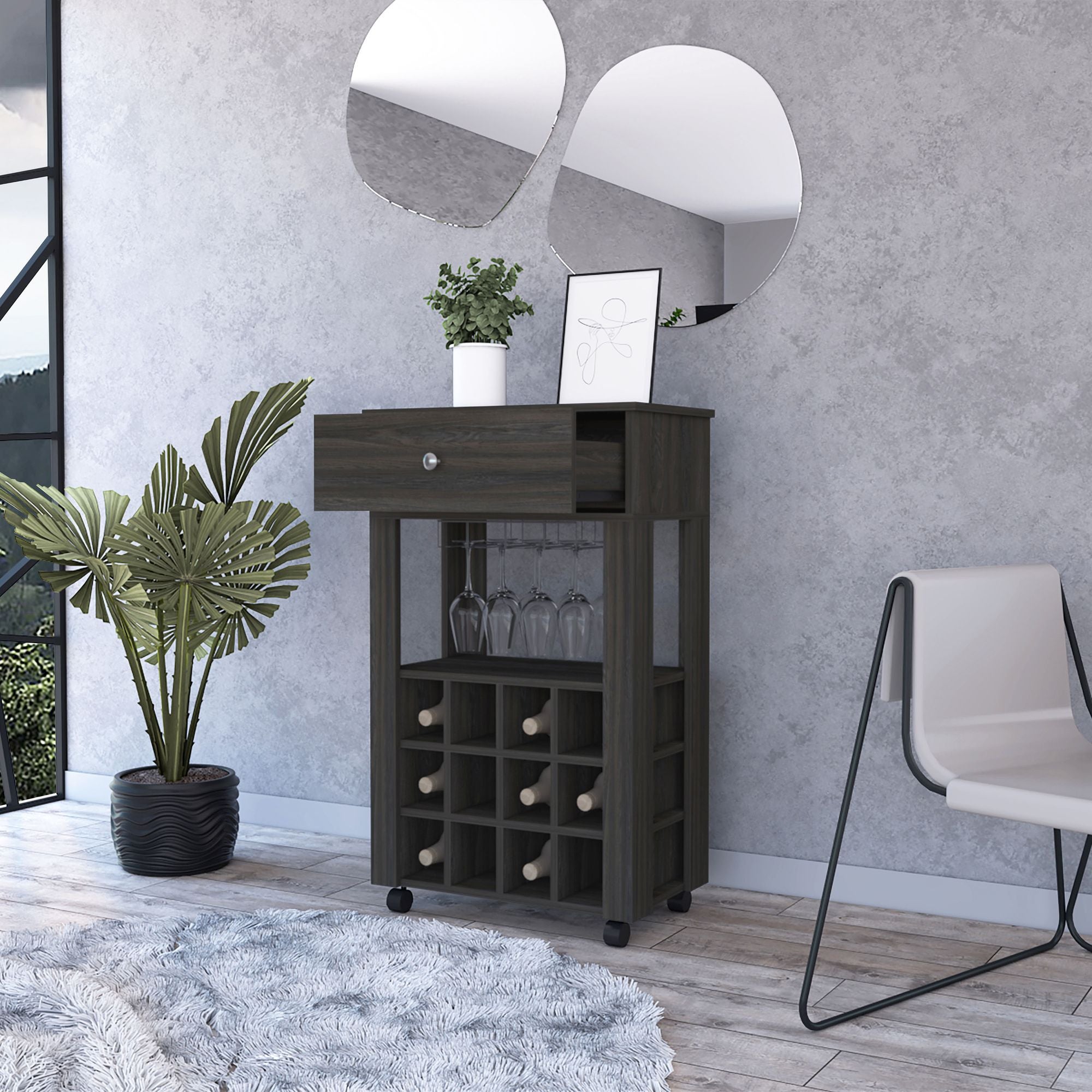 Bar Cart Bayamon, Twelve Wine Cubbies, Four Legs, Carbon Espresso Finish - Comfortable Living Decor