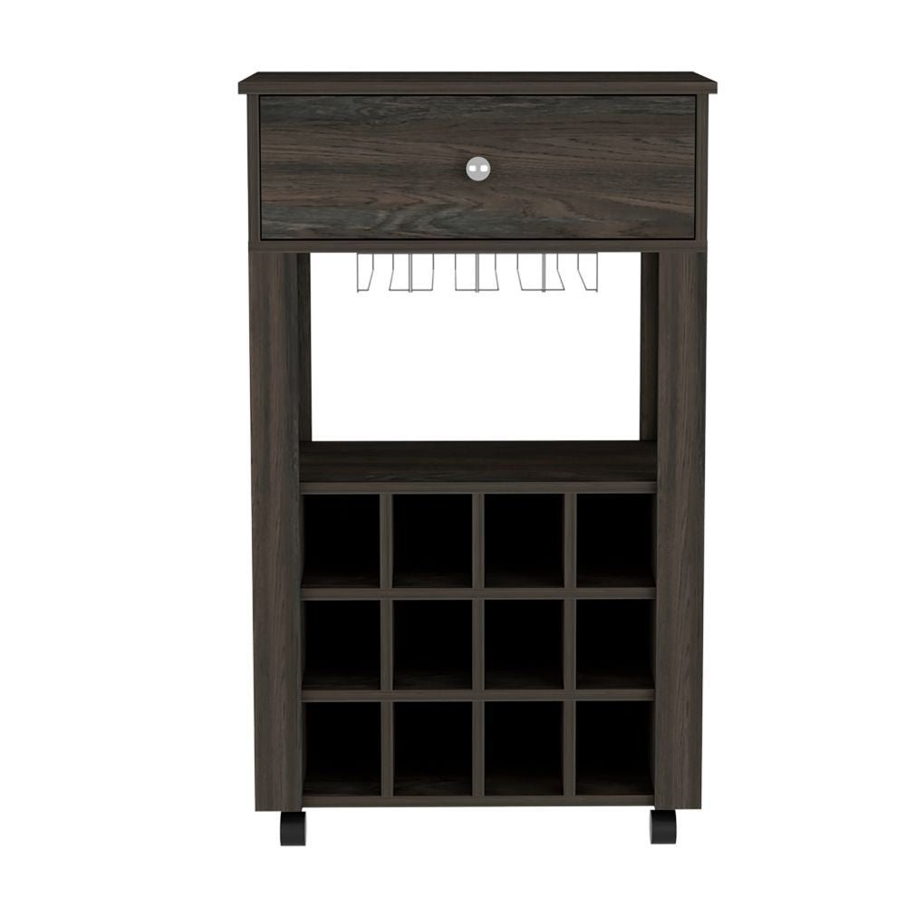 Bar Cart Bayamon, Twelve Wine Cubbies, Four Legs, Carbon Espresso Finish - Comfortable Living Decor