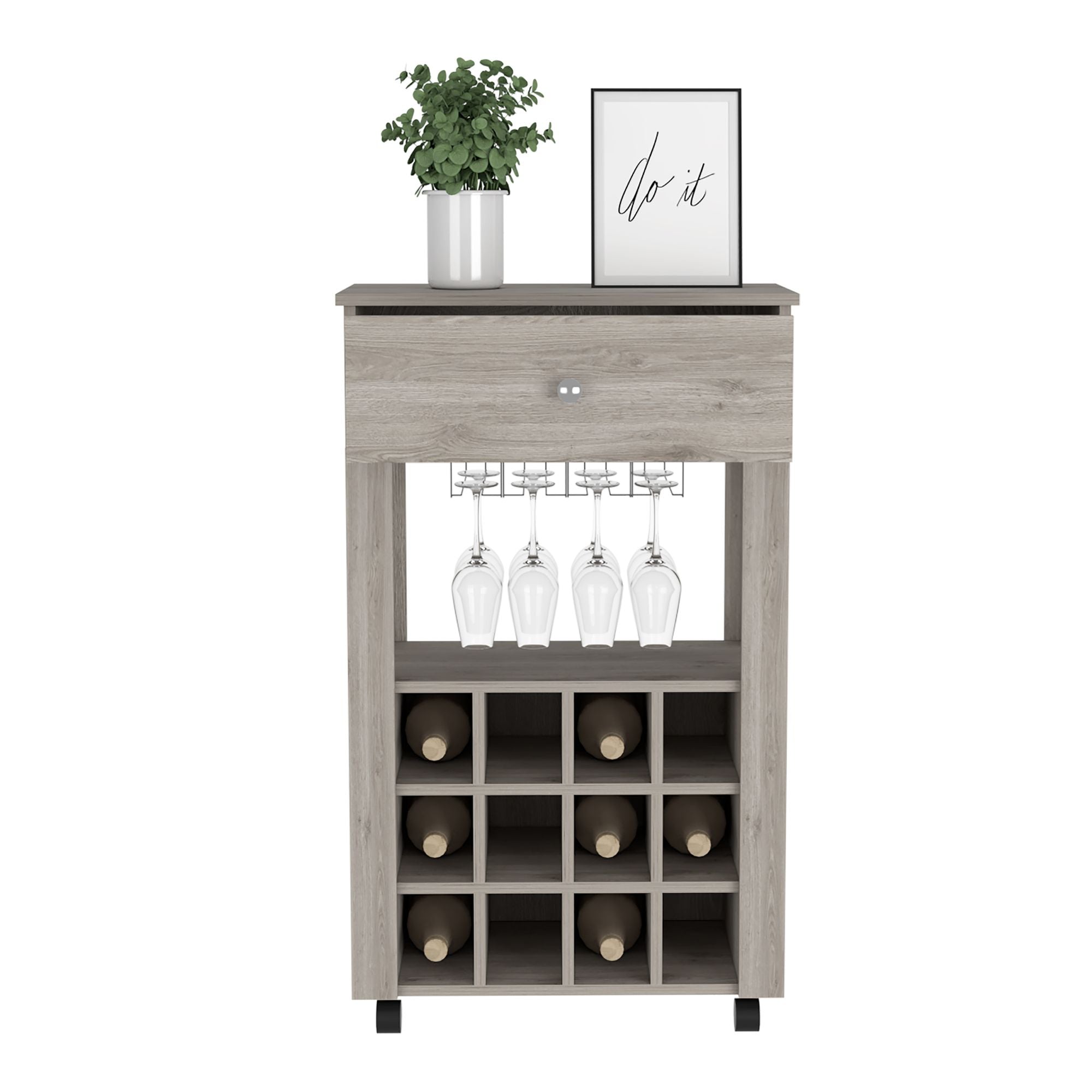 Bar Cart Bayamon, Twelve Wine Cubbies, Four Legs, Light Gray Finish - Comfortable Living Decor