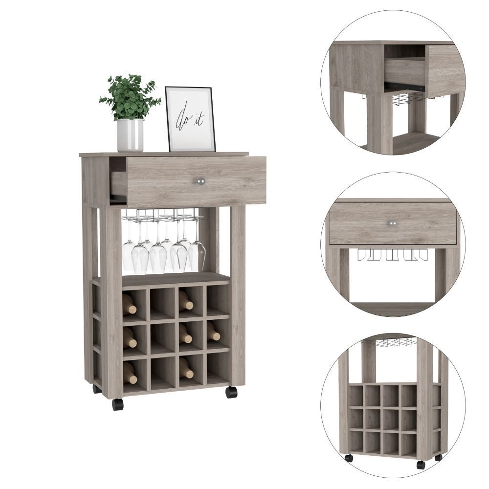 Bar Cart Bayamon, Twelve Wine Cubbies, Four Legs, Light Gray Finish - Comfortable Living Decor