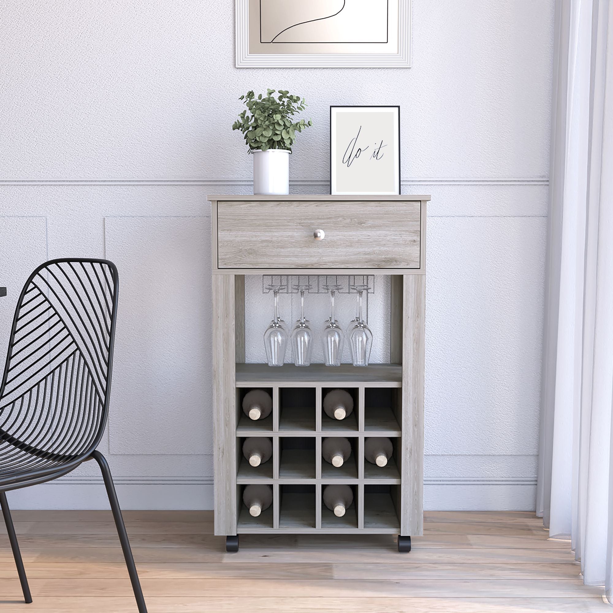 Bar Cart Bayamon, Twelve Wine Cubbies, Four Legs, Light Gray Finish - Comfortable Living Decor