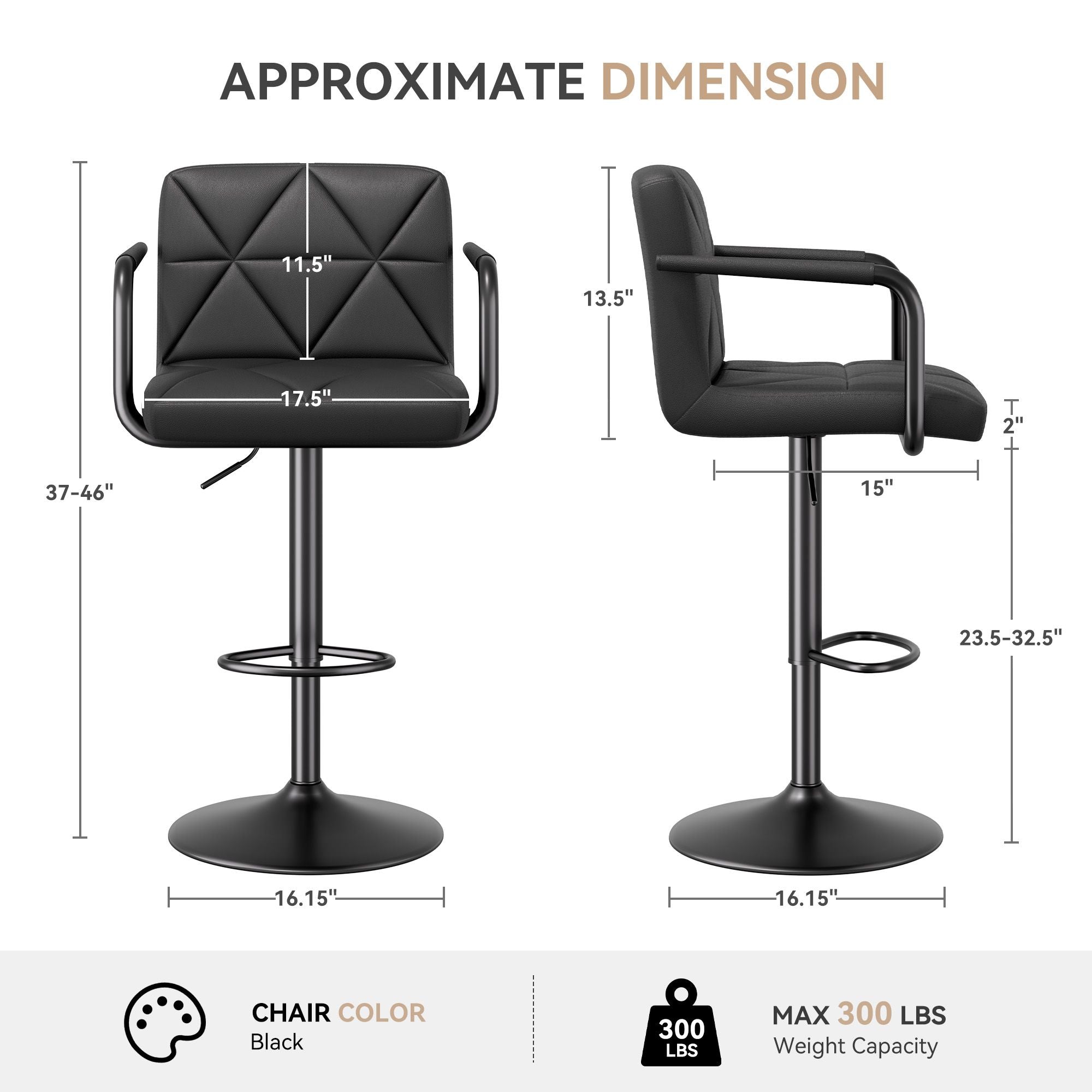 Bar Stools Set of 2, Seat Adjustable Height 25.5 - 34.5IN Barstools with Back & Arms, Swivel PU Leather Upholstered Square Counter Height Bar Chairs for Bar Kitchen Island - Comfortable Living Decor