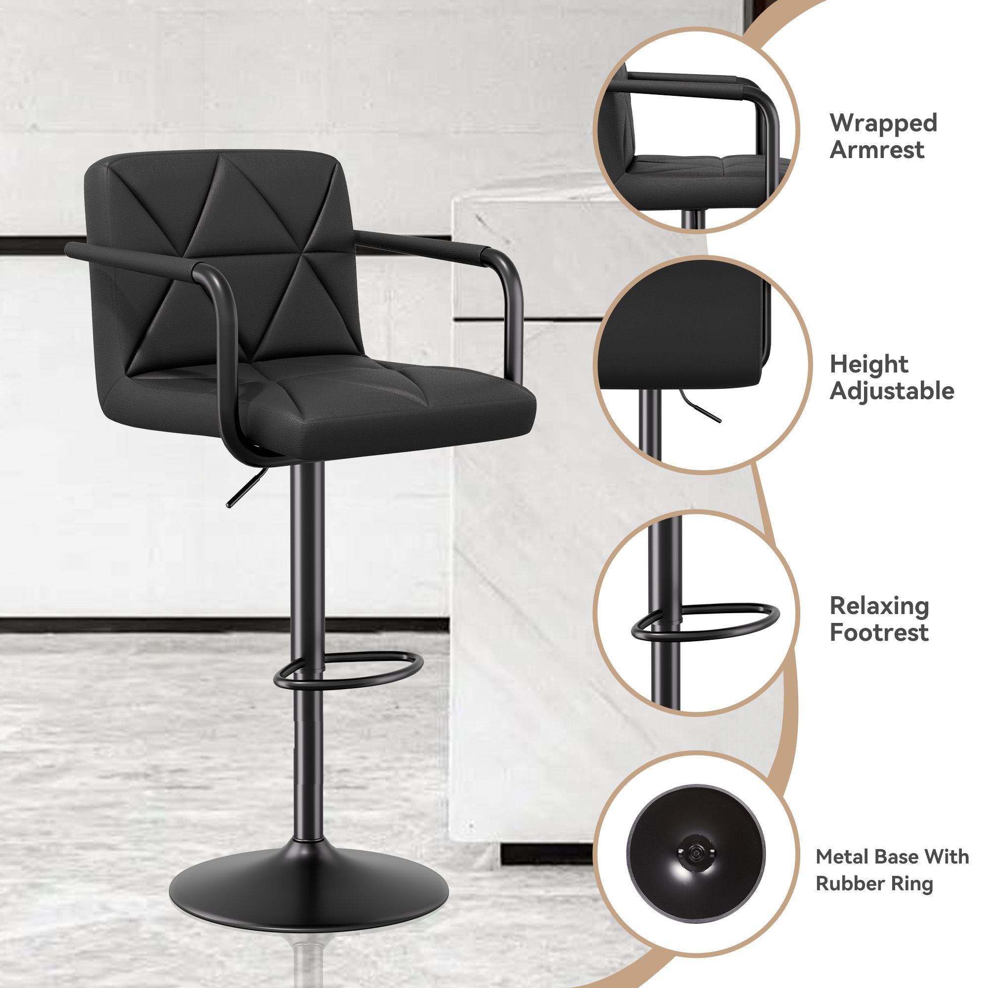 Bar Stools Set of 2, Seat Adjustable Height 25.5 - 34.5IN Barstools with Back & Arms, Swivel PU Leather Upholstered Square Counter Height Bar Chairs for Bar Kitchen Island - Comfortable Living Decor