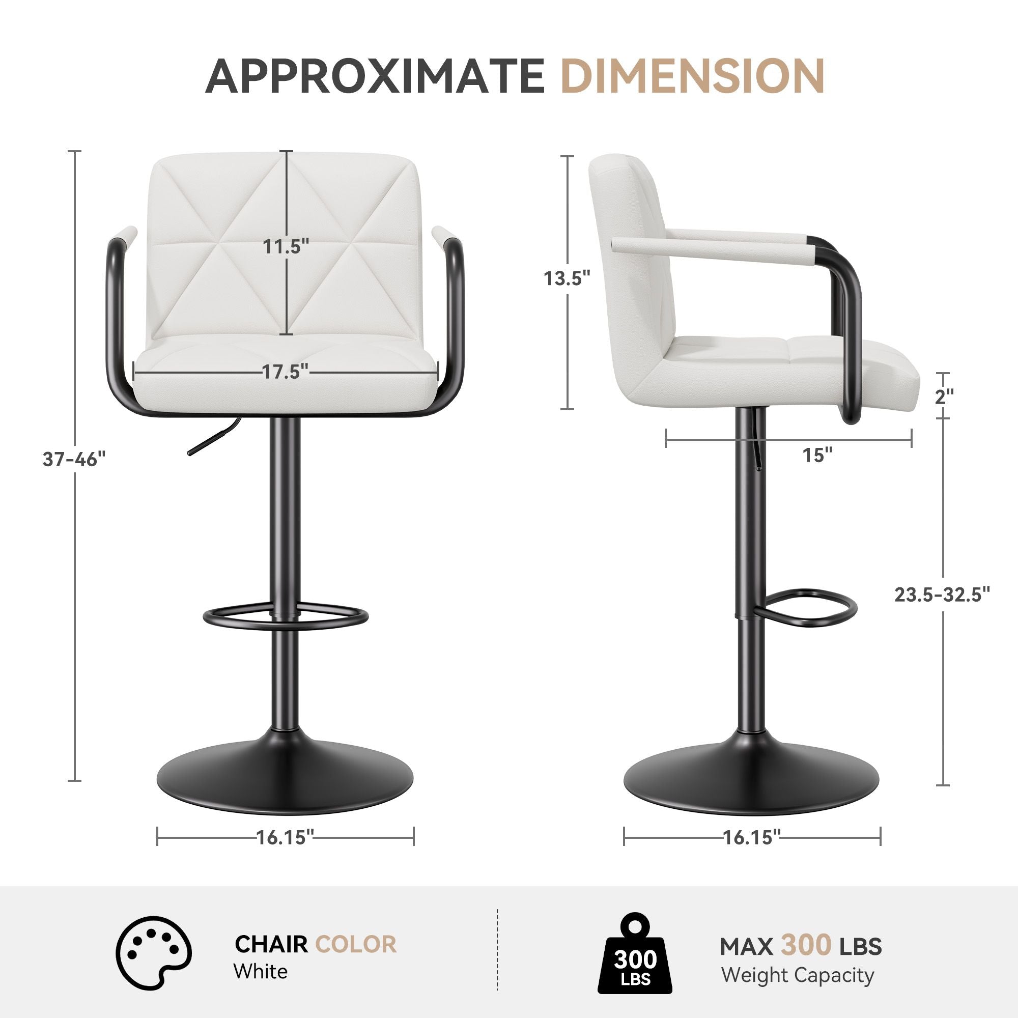 Bar Stools Set of 2, Seat Adjustable Height 25.5 - 34.5IN Barstools with Back & Arms, Swivel PU Leather Upholstered Square Counter Height Bar Chairs for Bar Kitchen Island - Comfortable Living Decor