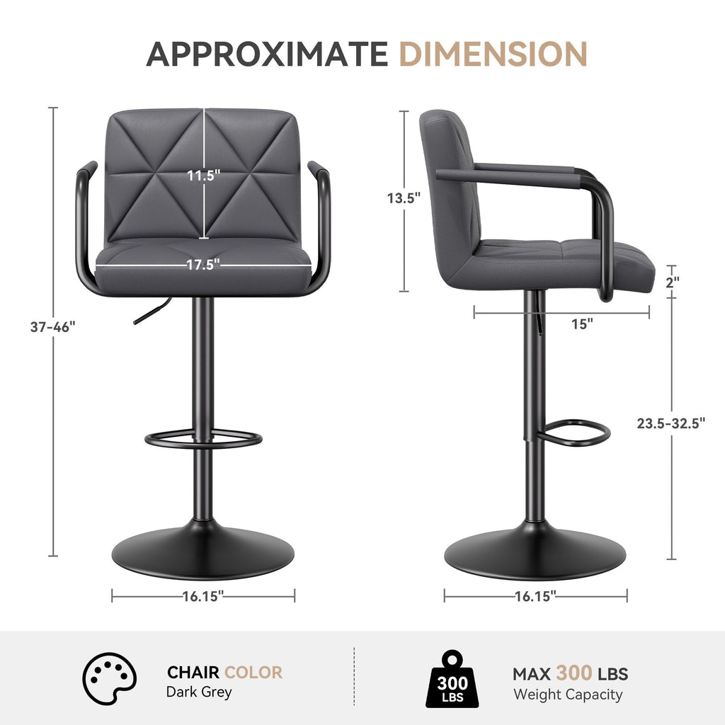 Bar Stools Set of 2, Seat Adjustable Height 25.5 - 34.5IN Barstools with Back & Arms, Swivel PU Leather Upholstered Square Counter Height Bar Chairs for Bar Kitchen Island - Comfortable Living Decor