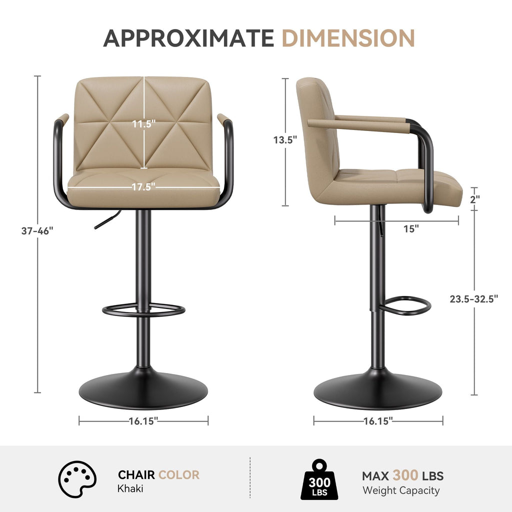 Bar Stools Set of 2, Seat Adjustable Height 25.5 - 34.5IN Barstools with Back & Arms, Swivel PU Leather Upholstered Square Counter Height Bar Chairs for Bar Kitchen Island - Comfortable Living Decor