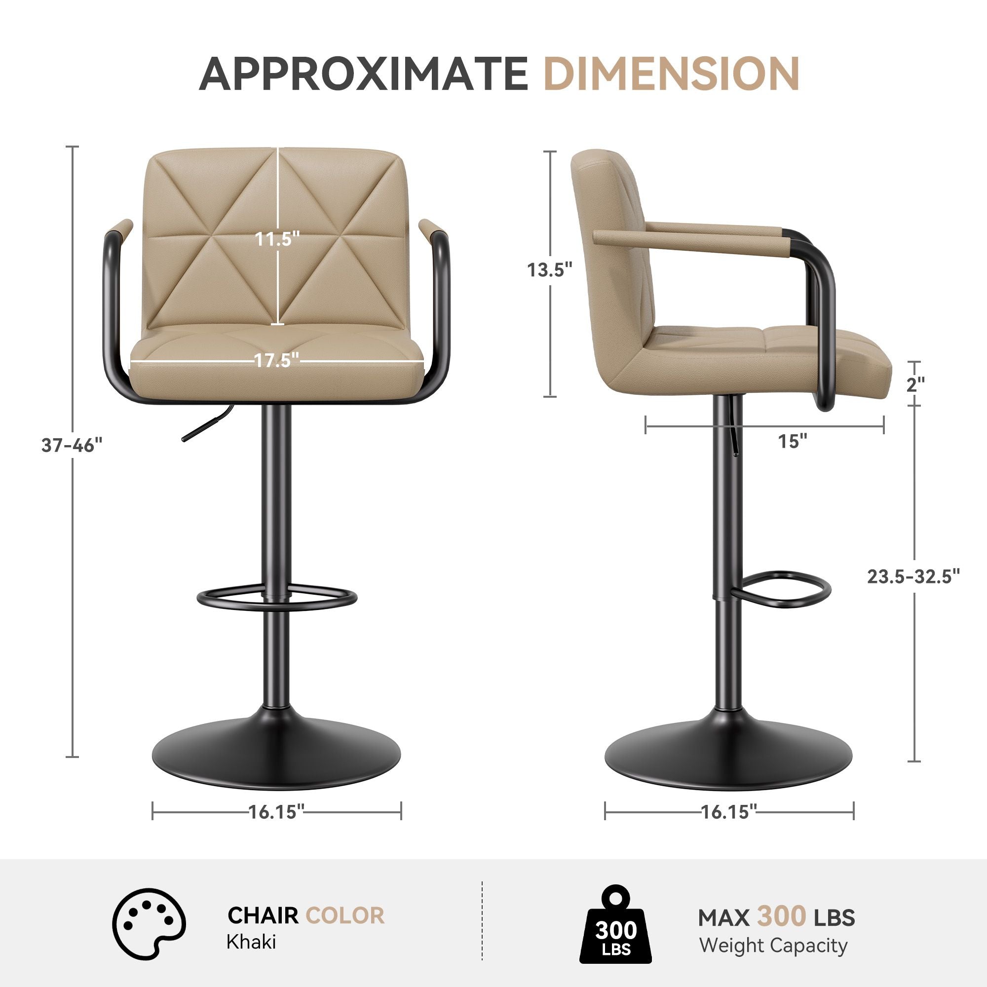 Bar Stools Set of 2, Seat Adjustable Height 25.5 - 34.5IN Barstools with Back & Arms, Swivel PU Leather Upholstered Square Counter Height Bar Chairs for Bar Kitchen Island - Comfortable Living Decor