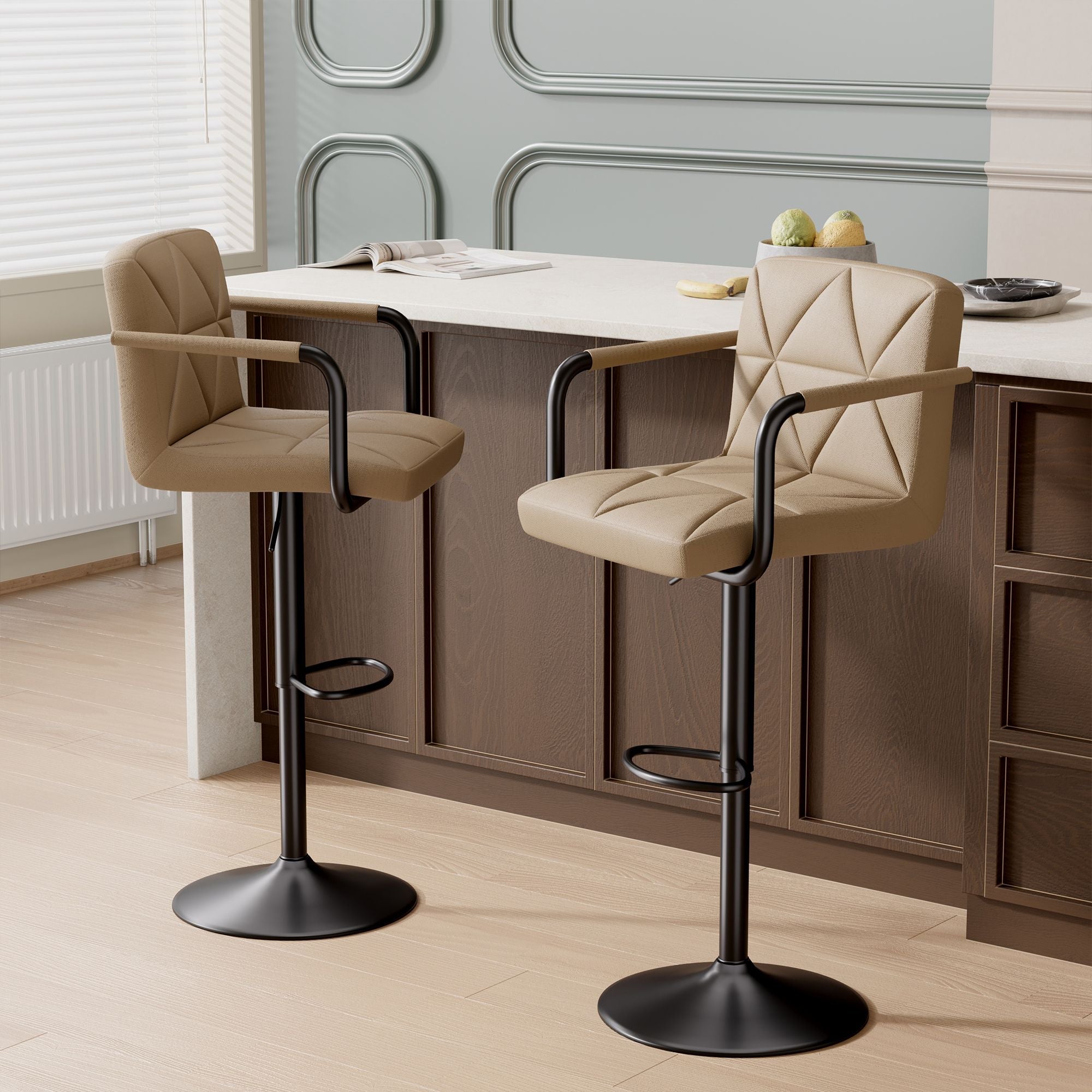 Bar Stools Set of 2, Seat Adjustable Height 25.5 - 34.5IN Barstools with Back & Arms, Swivel PU Leather Upholstered Square Counter Height Bar Chairs for Bar Kitchen Island - Comfortable Living Decor