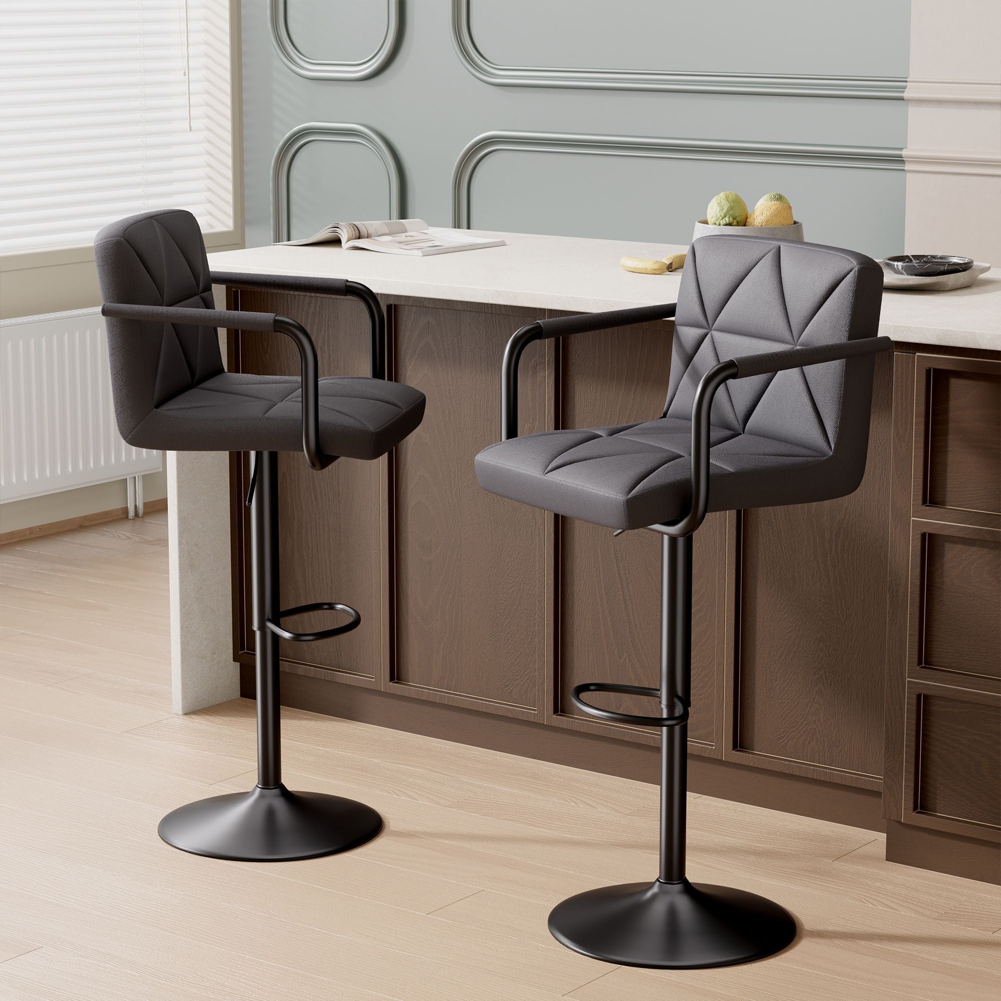 Bar Stools Set of 2, Seat Adjustable Height 25.5 - 34.5IN Barstools with Back & Arms, Swivel PU Leather Upholstered Square Counter Height Bar Chairs for Bar Kitchen Island - Comfortable Living Decor