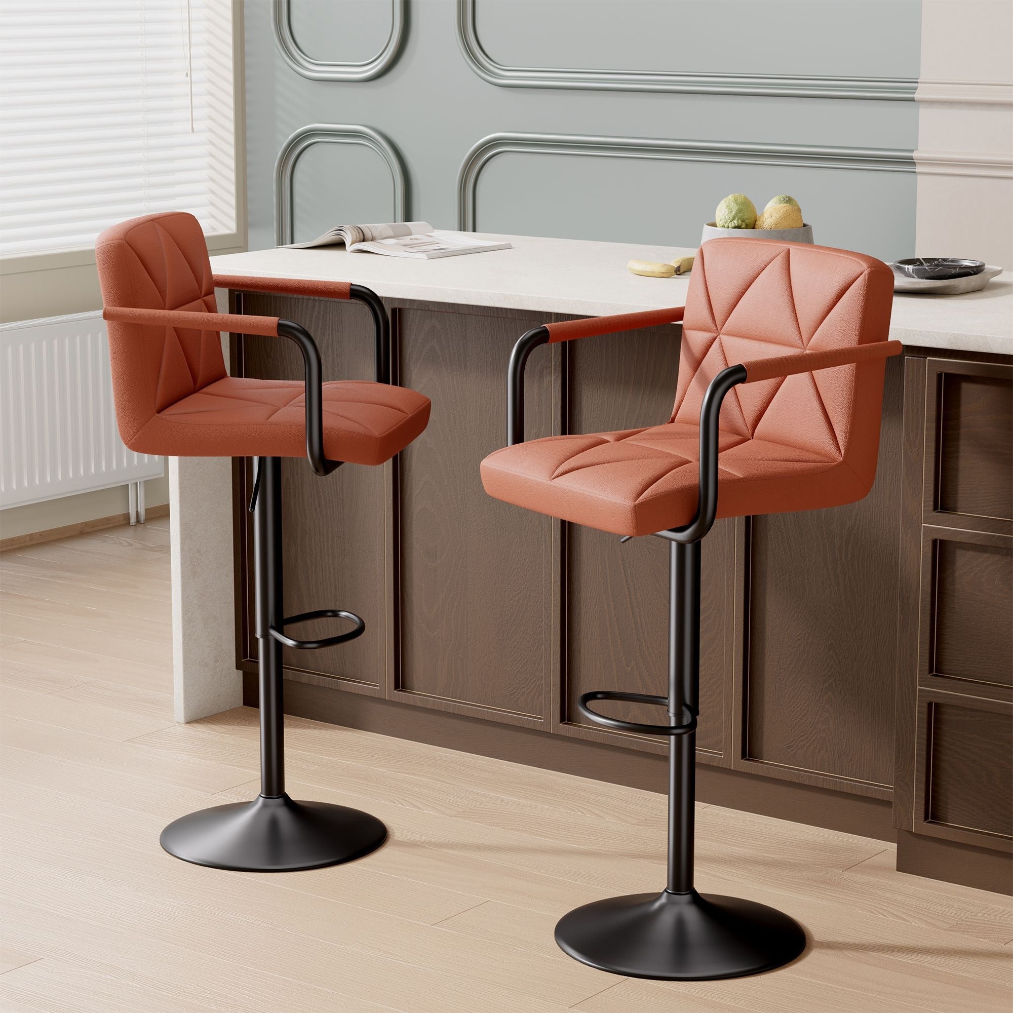 Bar Stools Set of 2, Seat Adjustable Height 25.5 - 34.5IN Barstools with Back & Arms, Swivel PU Leather Upholstered Square Counter Height Bar Chairs for Bar Kitchen Island - Comfortable Living Decor