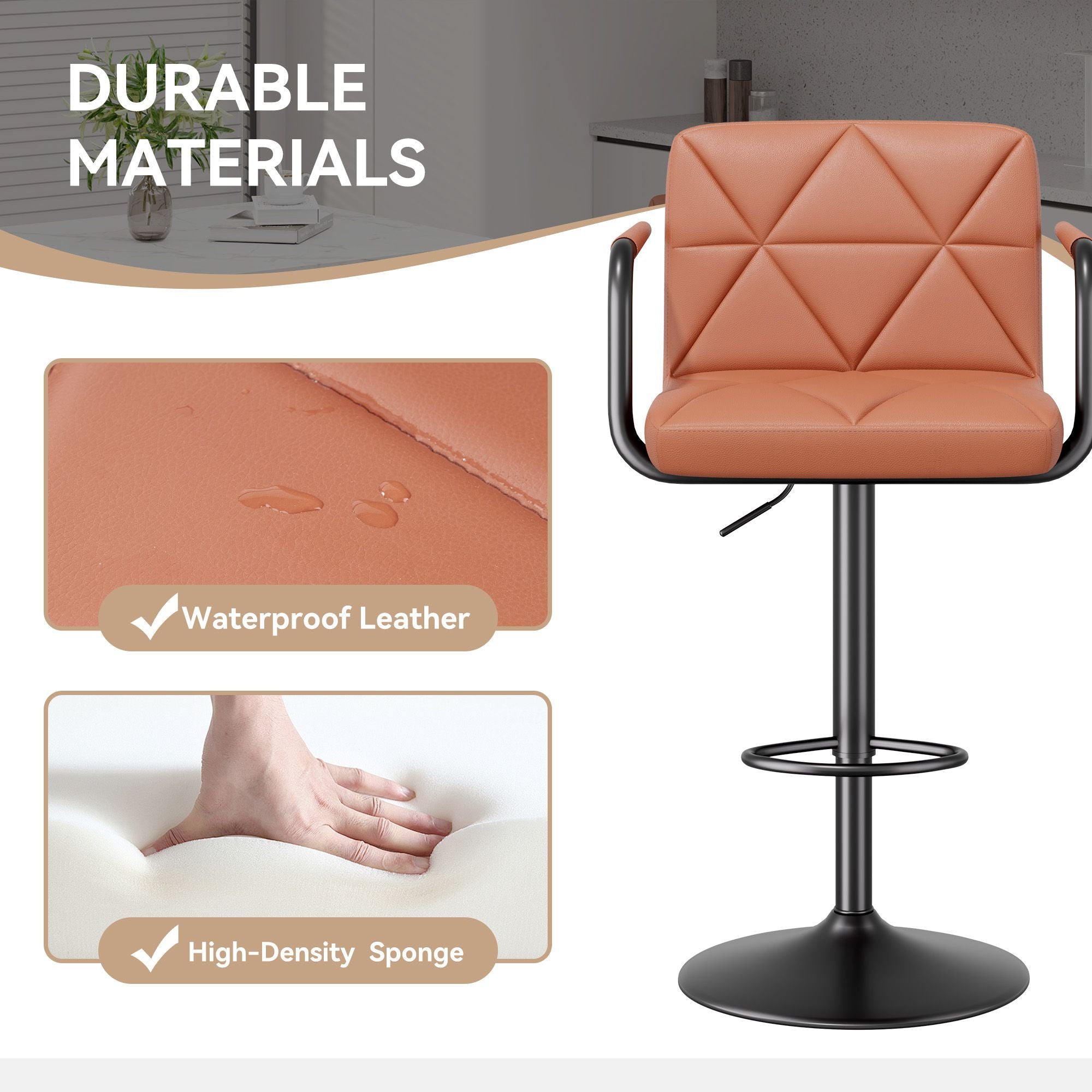 Bar Stools Set of 2, Seat Adjustable Height 25.5 - 34.5IN Barstools with Back & Arms, Swivel PU Leather Upholstered Square Counter Height Bar Chairs for Bar Kitchen Island - Comfortable Living Decor