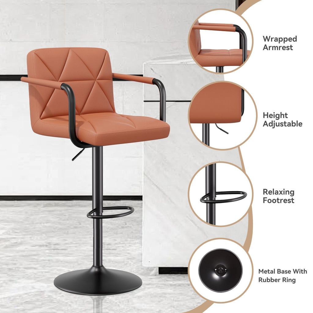 Bar Stools Set of 2, Seat Adjustable Height 25.5 - 34.5IN Barstools with Back & Arms, Swivel PU Leather Upholstered Square Counter Height Bar Chairs for Bar Kitchen Island - Comfortable Living Decor