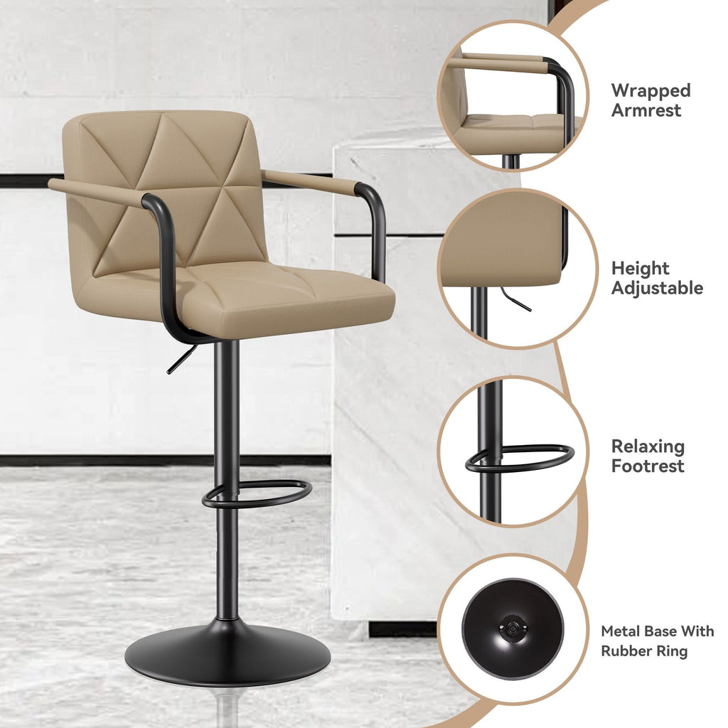 Bar Stools Set of 2, Seat Adjustable Height 25.5 - 34.5IN Barstools with Back & Arms, Swivel PU Leather Upholstered Square Counter Height Bar Chairs for Bar Kitchen Island - Comfortable Living Decor
