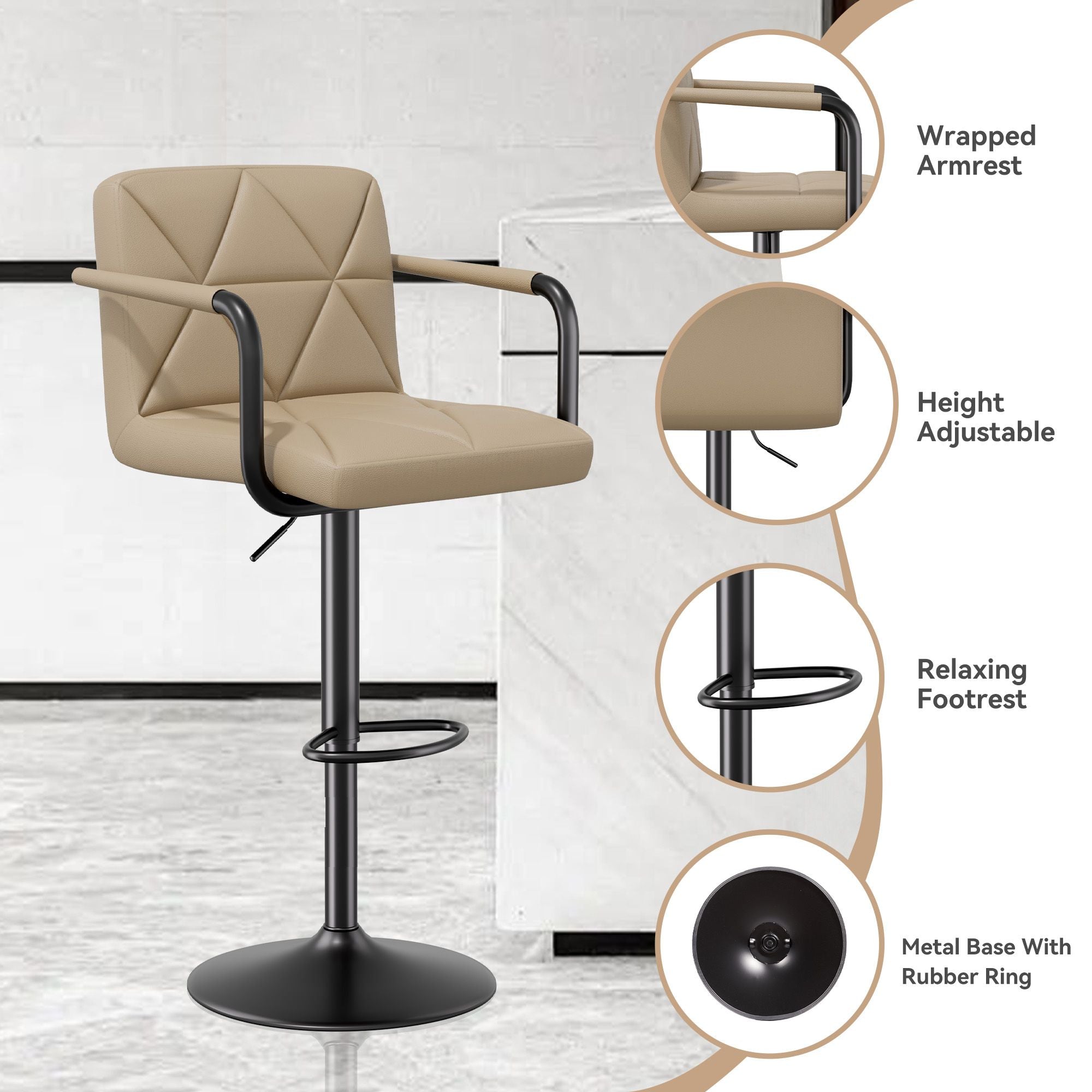 Bar Stools Set of 2, Seat Adjustable Height 25.5 - 34.5IN Barstools with Back & Arms, Swivel PU Leather Upholstered Square Counter Height Bar Chairs for Bar Kitchen Island - Comfortable Living Decor