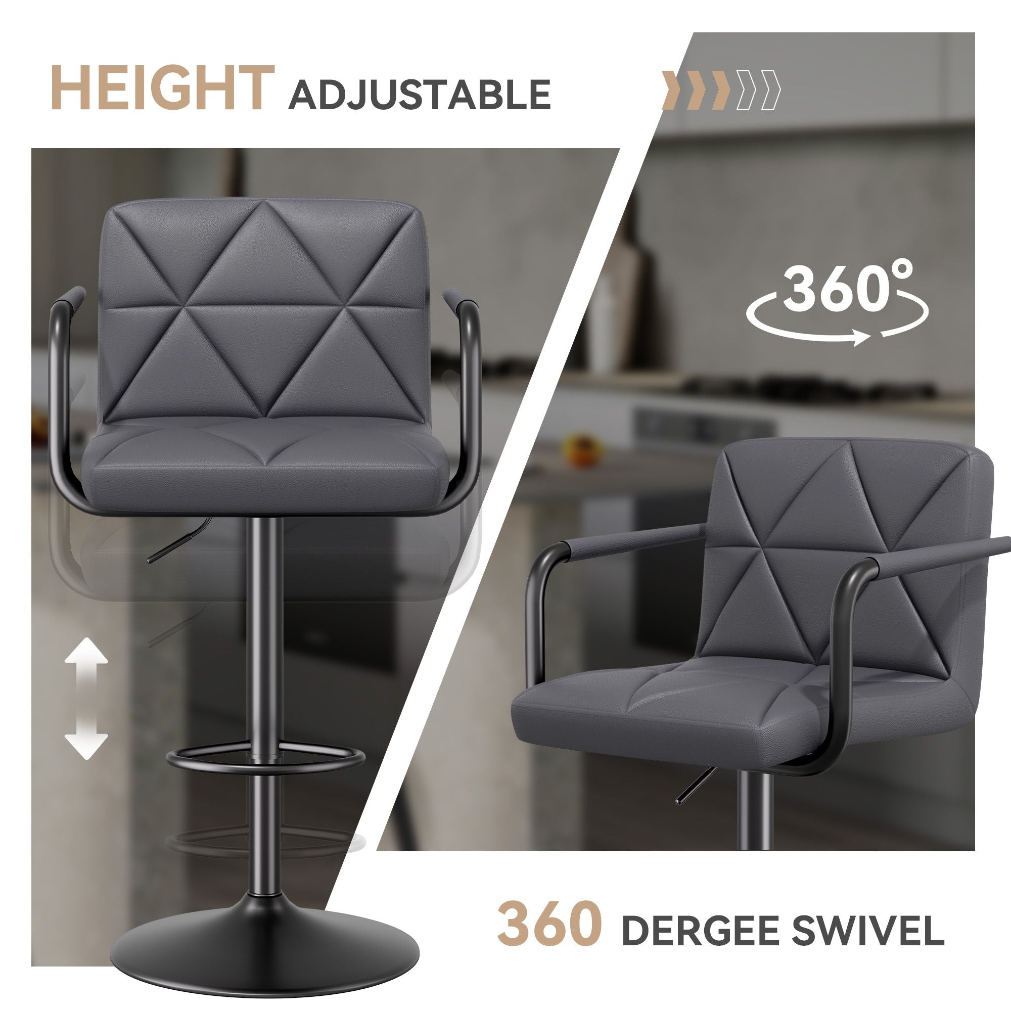 Bar Stools Set of 2, Seat Adjustable Height 25.5 - 34.5IN Barstools with Back & Arms, Swivel PU Leather Upholstered Square Counter Height Bar Chairs for Bar Kitchen Island - Comfortable Living Decor
