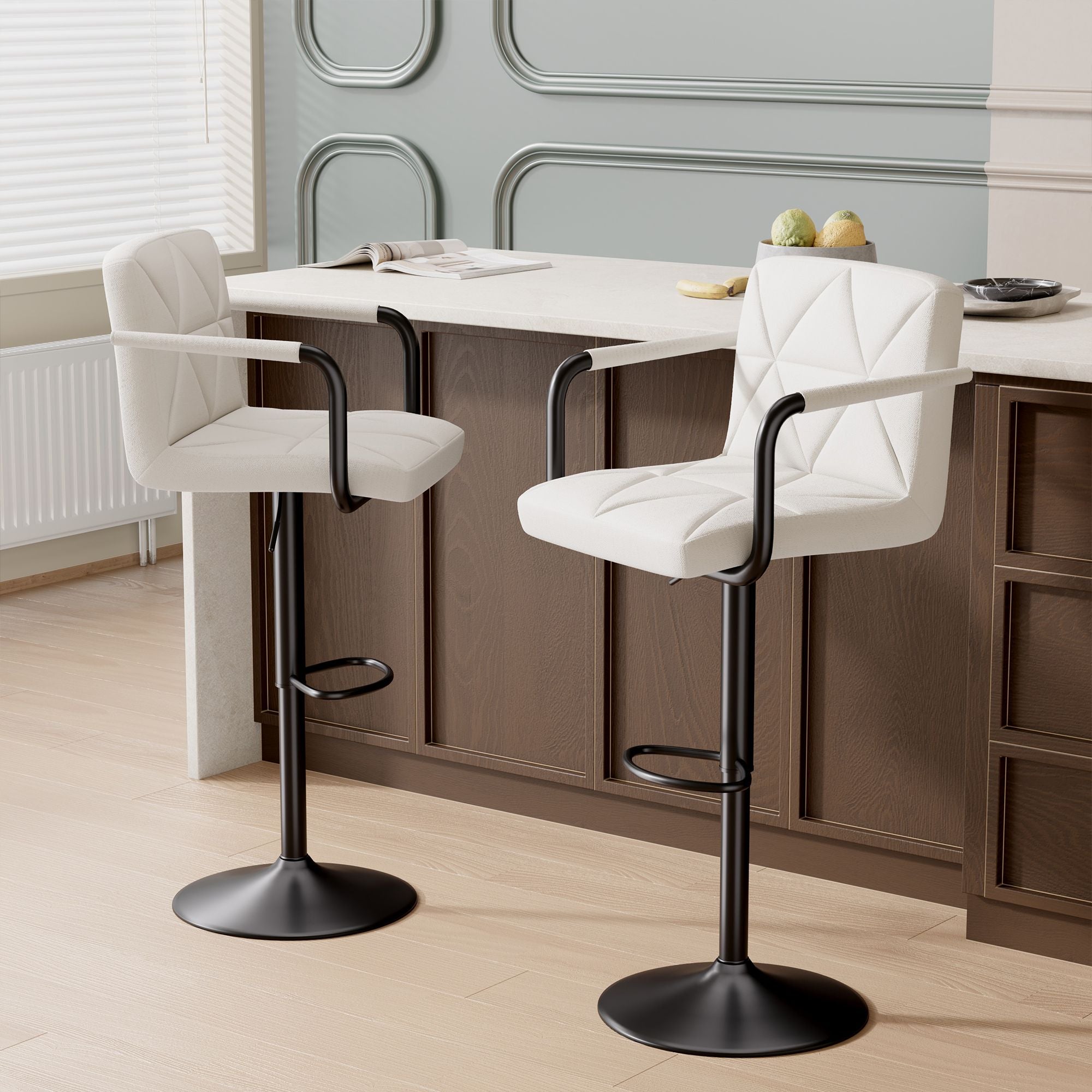 Bar Stools Set of 2, Seat Adjustable Height 25.5 - 34.5IN Barstools with Back & Arms, Swivel PU Leather Upholstered Square Counter Height Bar Chairs for Bar Kitchen Island - Comfortable Living Decor