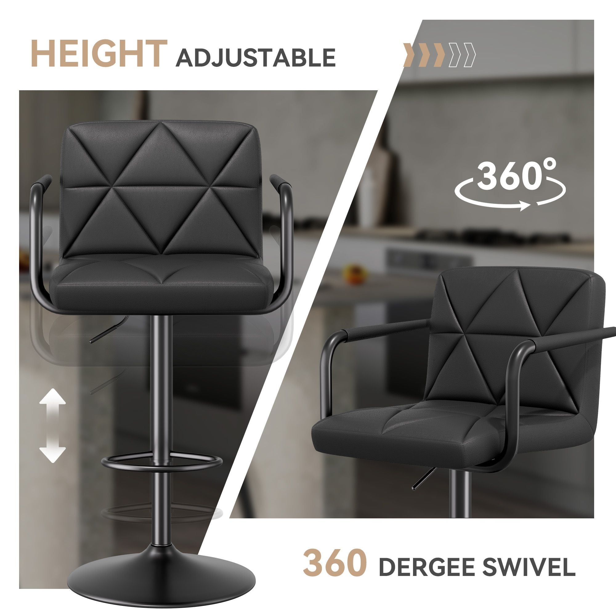 Bar Stools Set of 2, Seat Adjustable Height 25.5 - 34.5IN Barstools with Back & Arms, Swivel PU Leather Upholstered Square Counter Height Bar Chairs for Bar Kitchen Island - Comfortable Living Decor