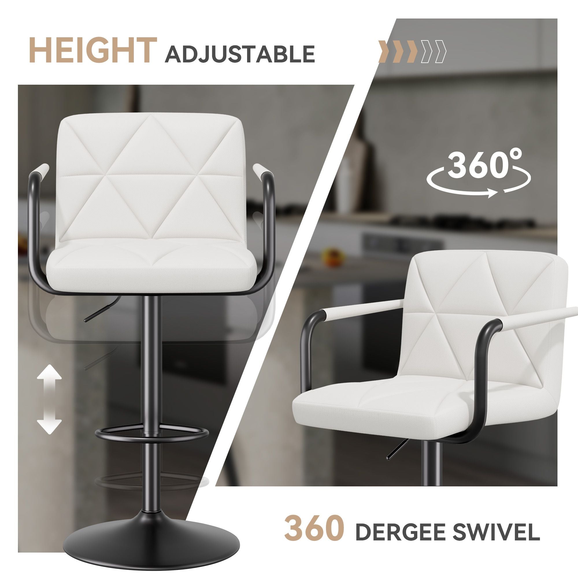 Bar Stools Set of 2, Seat Adjustable Height 25.5 - 34.5IN Barstools with Back & Arms, Swivel PU Leather Upholstered Square Counter Height Bar Chairs for Bar Kitchen Island - Comfortable Living Decor