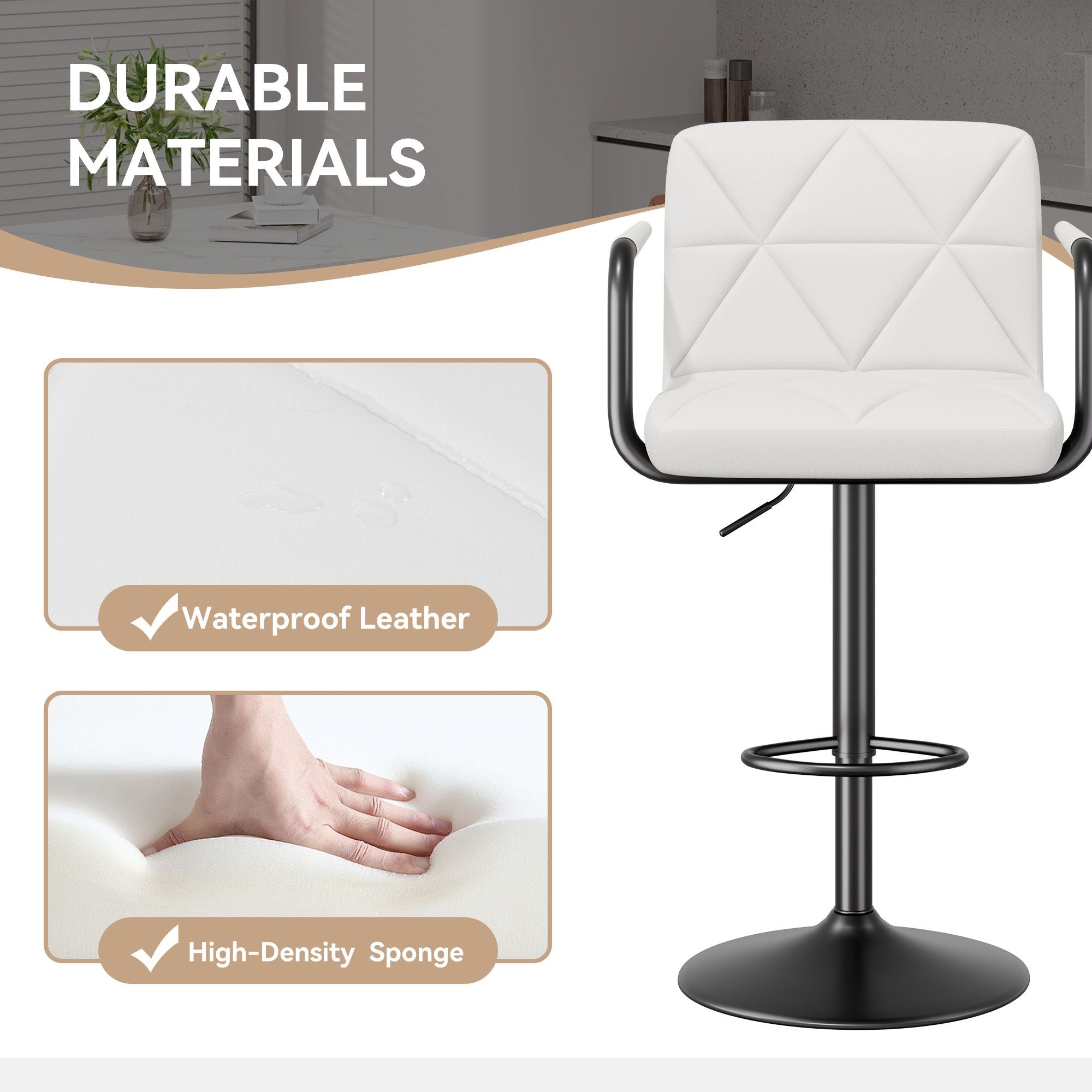 Bar Stools Set of 2, Seat Adjustable Height 25.5 - 34.5IN Barstools with Back & Arms, Swivel PU Leather Upholstered Square Counter Height Bar Chairs for Bar Kitchen Island - Comfortable Living Decor