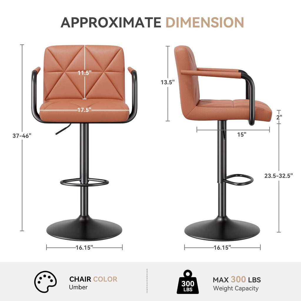 Bar Stools Set of 2, Seat Adjustable Height 25.5 - 34.5IN Barstools with Back & Arms, Swivel PU Leather Upholstered Square Counter Height Bar Chairs for Bar Kitchen Island - Comfortable Living Decor