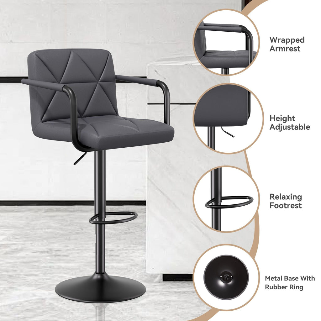 Bar Stools Set of 2, Seat Adjustable Height 25.5 - 34.5IN Barstools with Back & Arms, Swivel PU Leather Upholstered Square Counter Height Bar Chairs for Bar Kitchen Island - Comfortable Living Decor