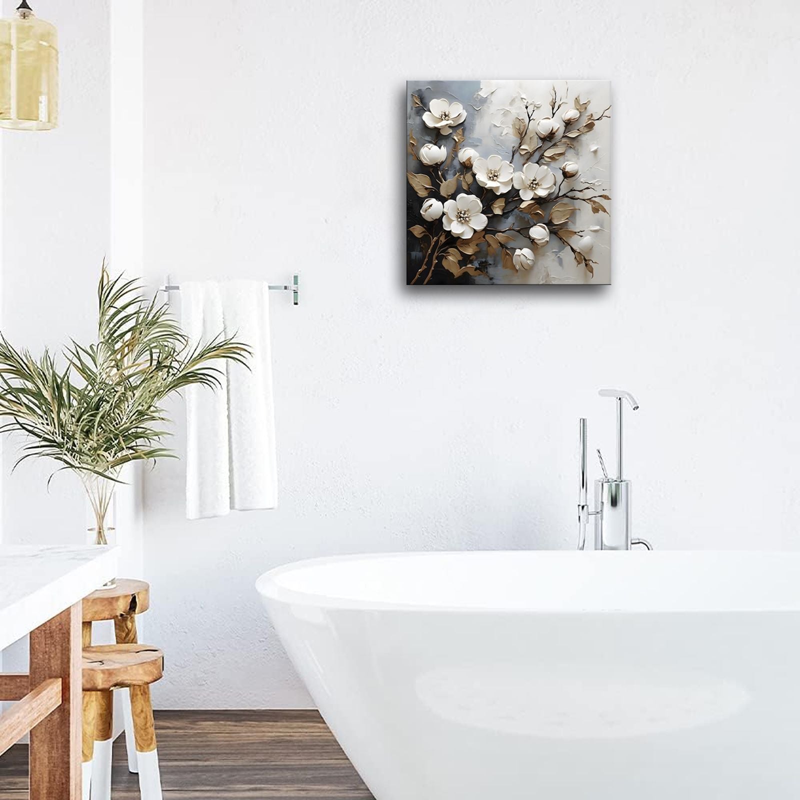 Bathroom Wall Art Decor White Flower Canvas Wall Art for Living Room Golden Leaf Painting Prints Floral Picture Wall Decor Artwork Framed for Bedroom Home Decoration 12"x12" - Comfortable Living Decor