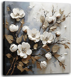 Bathroom Wall Art Decor White Flower Canvas Wall Art for Living Room Golden Leaf Painting Prints Floral Picture Wall Decor Artwork Framed for Bedroom Home Decoration 12"x12" - Comfortable Living Decor