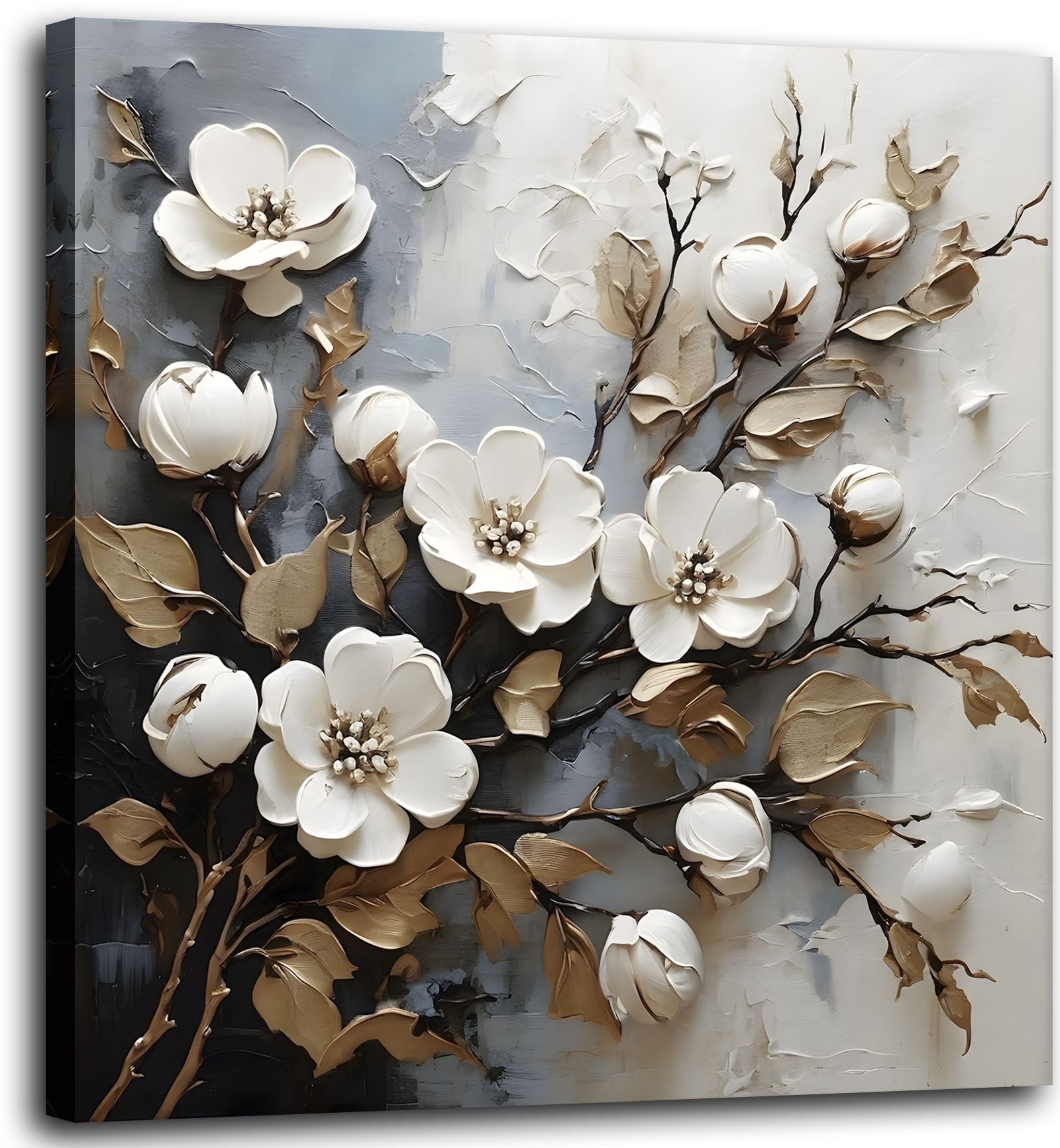 Bathroom Wall Art Decor White Flower Canvas Wall Art for Living Room Golden Leaf Painting Prints Floral Picture Wall Decor Artwork Framed for Bedroom Home Decoration 12"x12" - Comfortable Living Decor