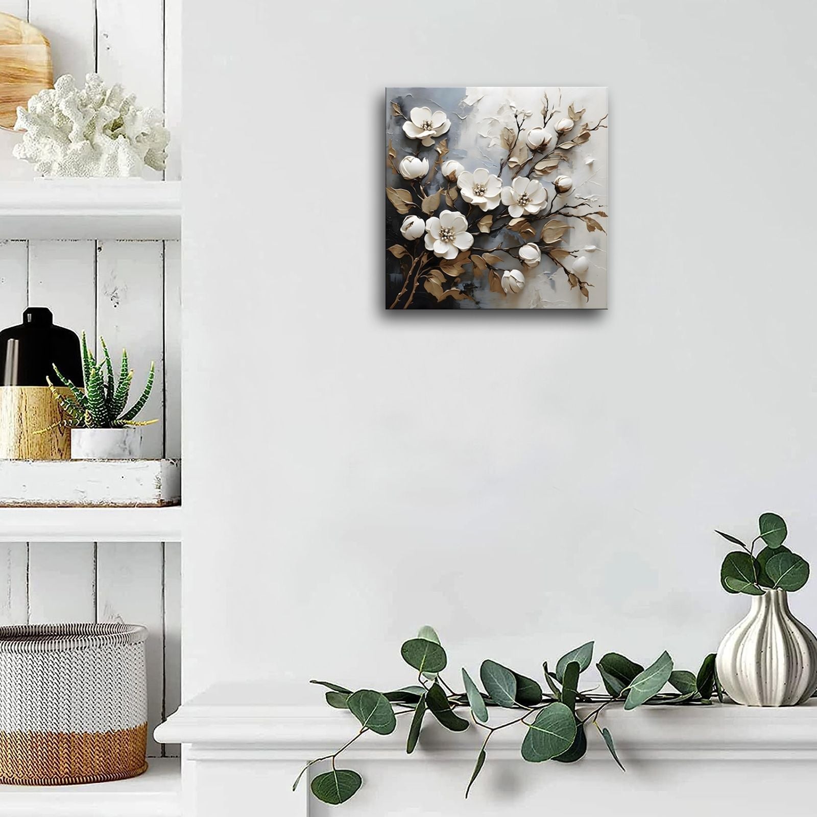 Bathroom Wall Art Decor White Flower Canvas Wall Art for Living Room Golden Leaf Painting Prints Floral Picture Wall Decor Artwork Framed for Bedroom Home Decoration 12"x12" - Comfortable Living Decor