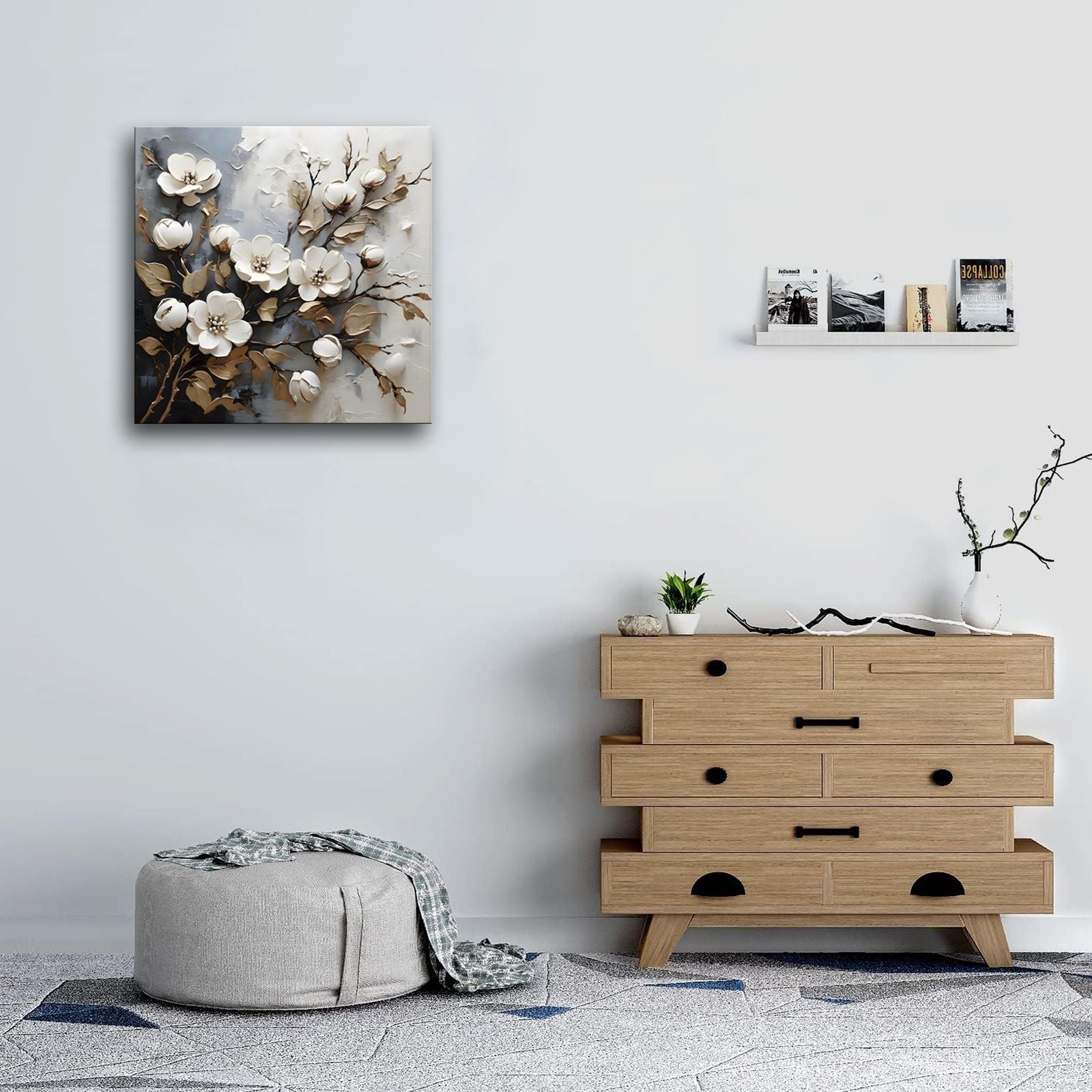 Bathroom Wall Art Decor White Flower Canvas Wall Art for Living Room Golden Leaf Painting Prints Floral Picture Wall Decor Artwork Framed for Bedroom Home Decoration 12"x12" - Comfortable Living Decor