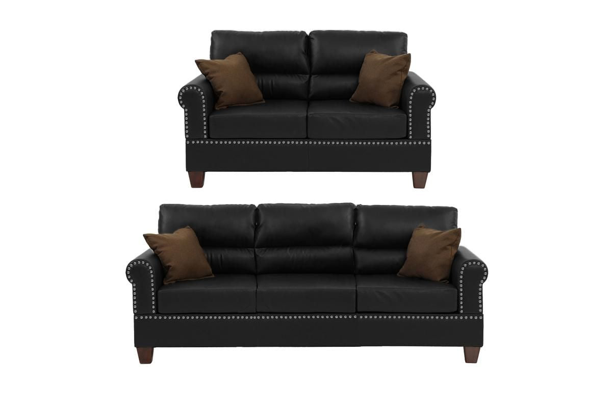 Black Bonded Leather 2pc Sofa Set Sofa And Loveseat Living Room Furniture - Comfortable Living Decor