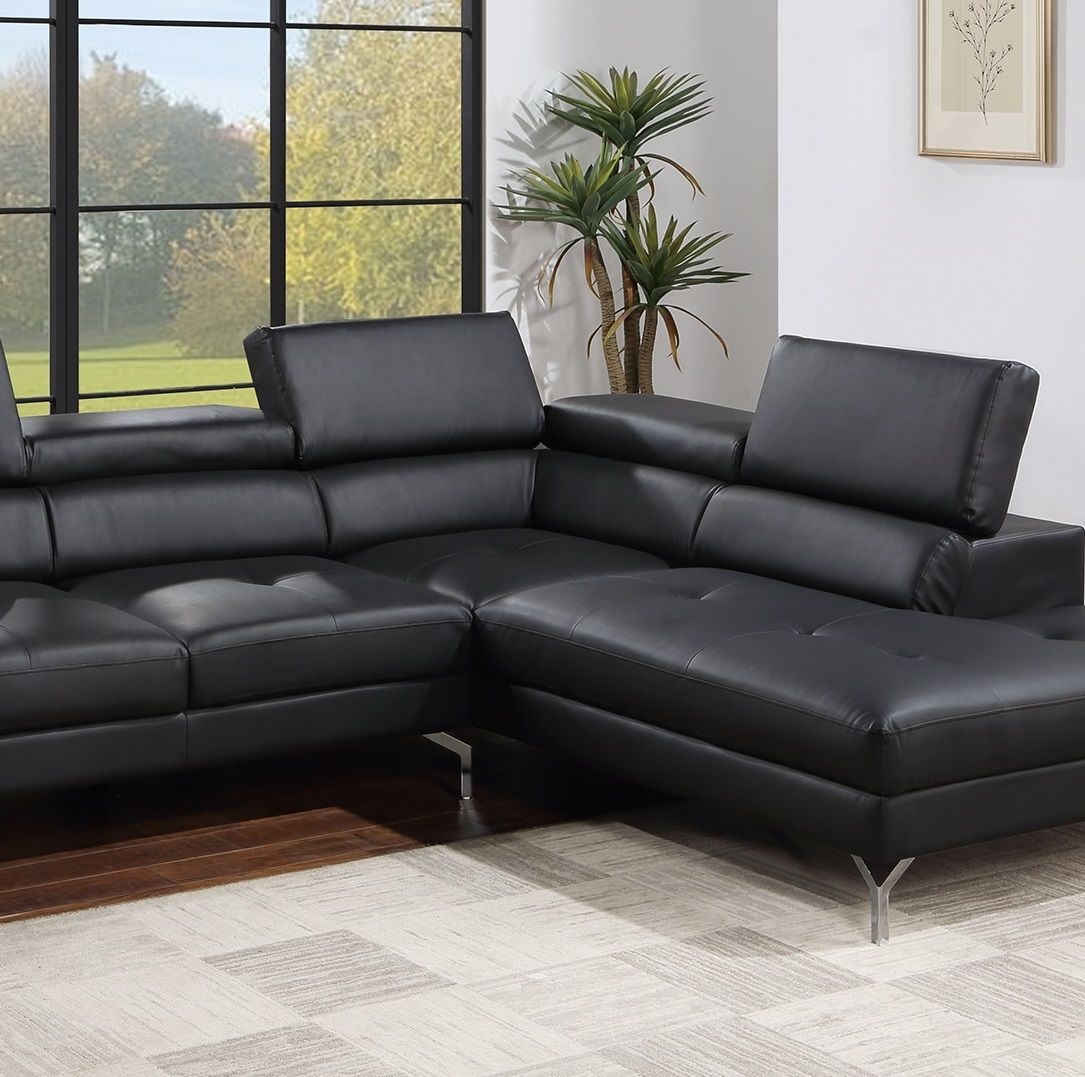 Black Color Sectional Couch 2pc Set Living Room Furniture Faux Leather Right Facing Chaise And Left Facing Sofa Metal Legs - Comfortable Living Decor